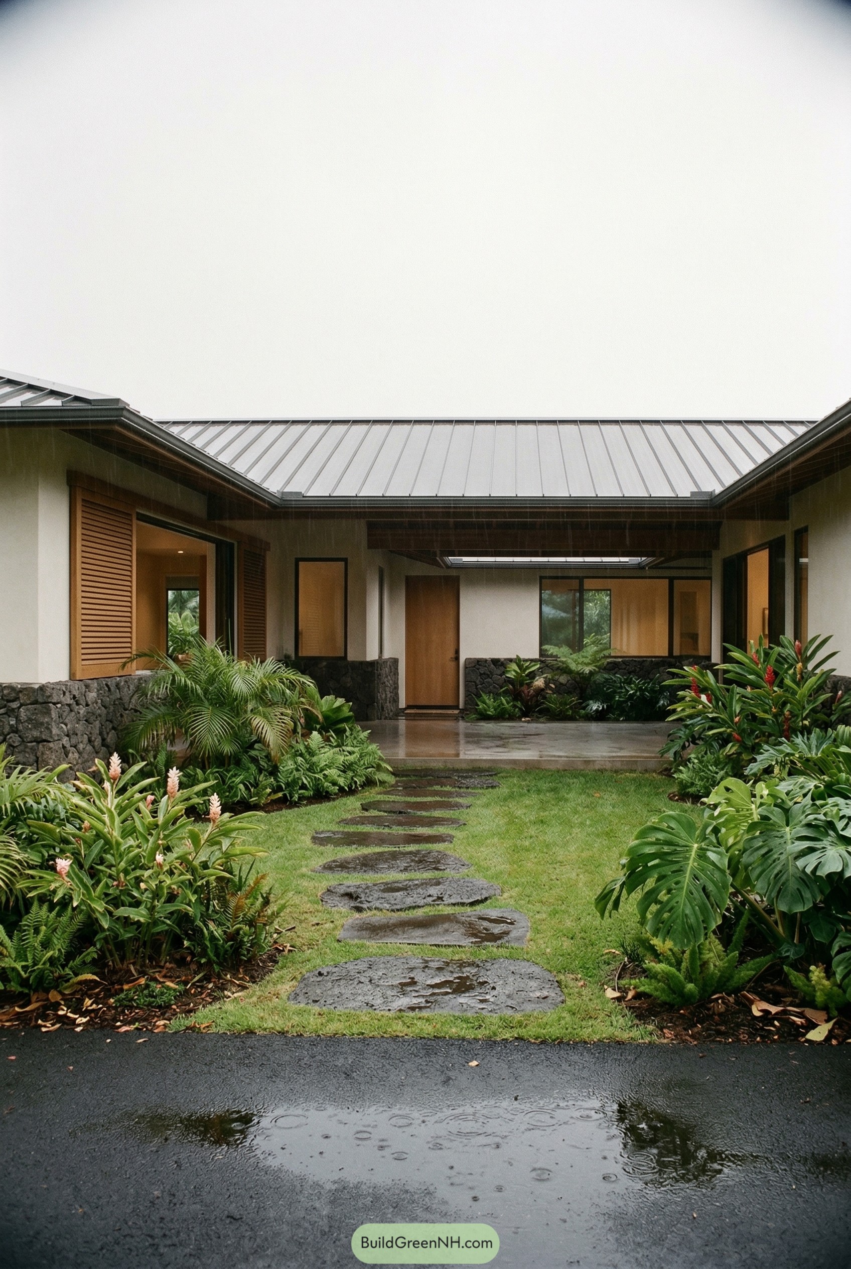 Rainy tropical courtyard ranch entrance