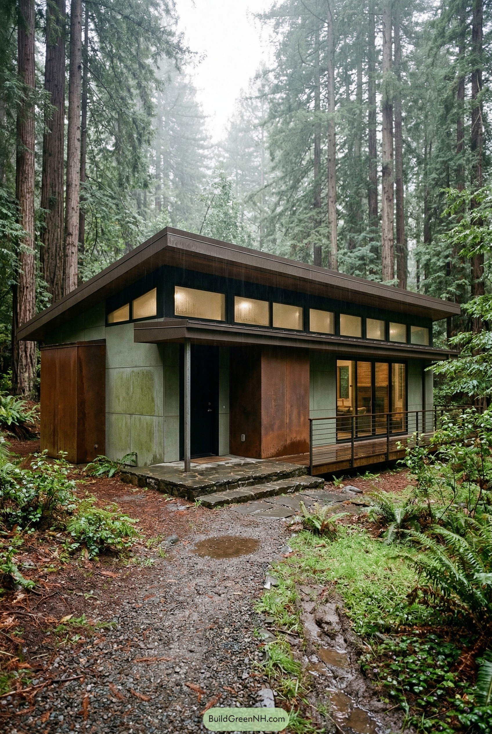 Modern single story home in a misty redwood forest