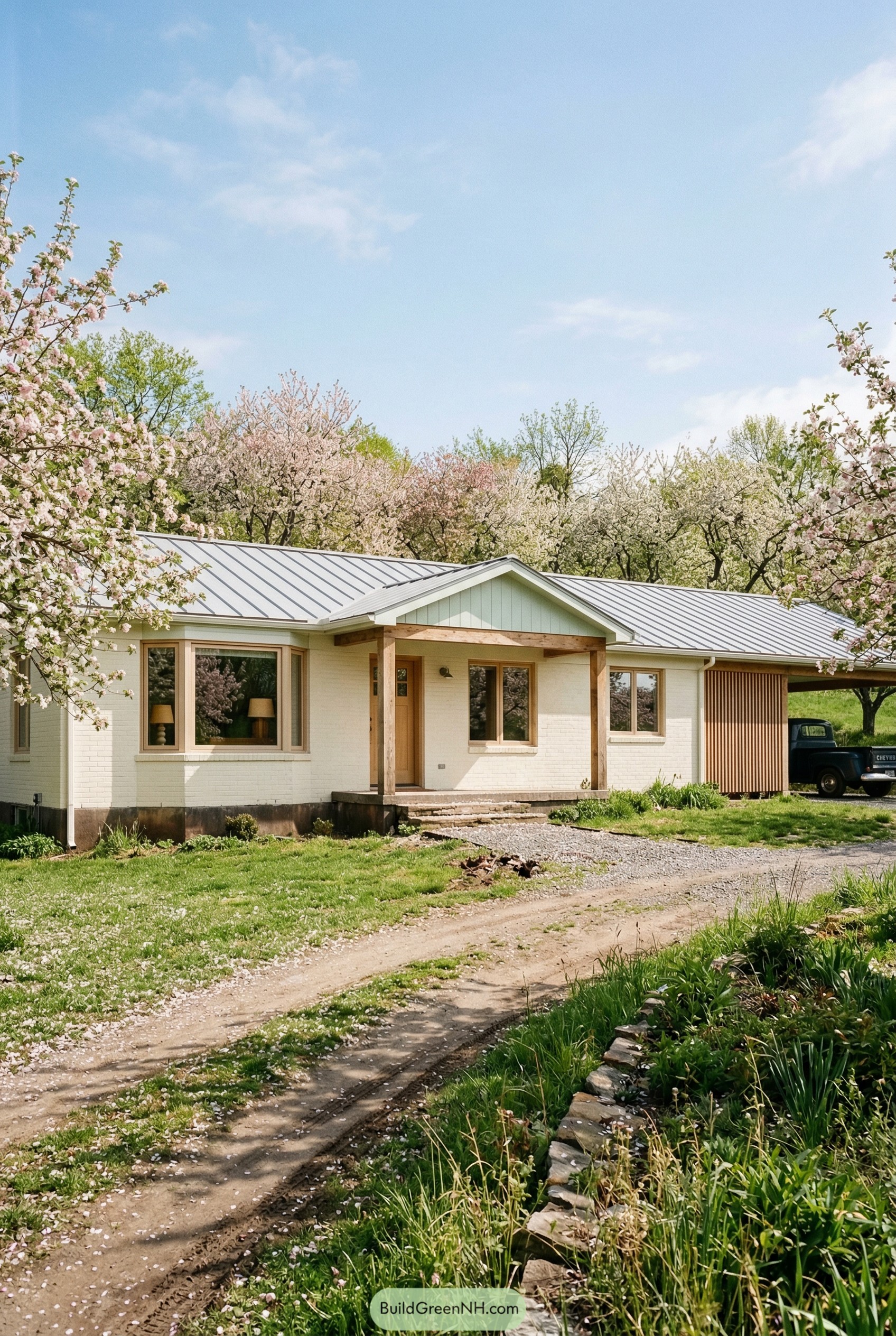 White ranch house with metal roof among blooming trees