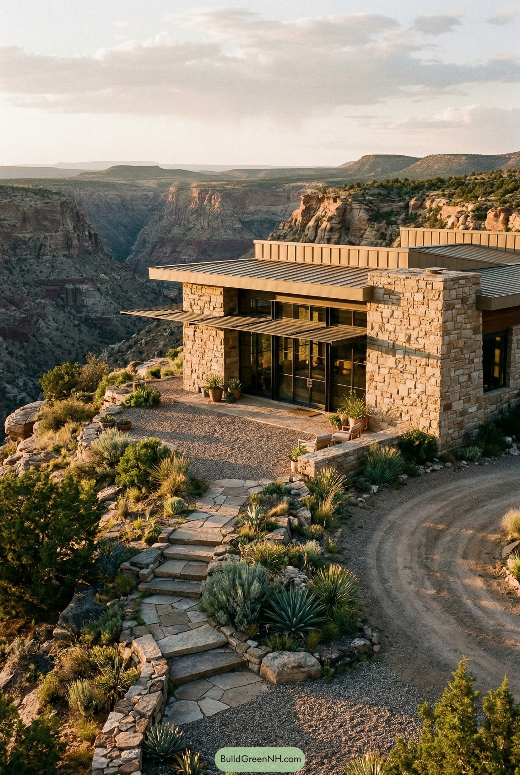Modern stone ranch on a canyon rim