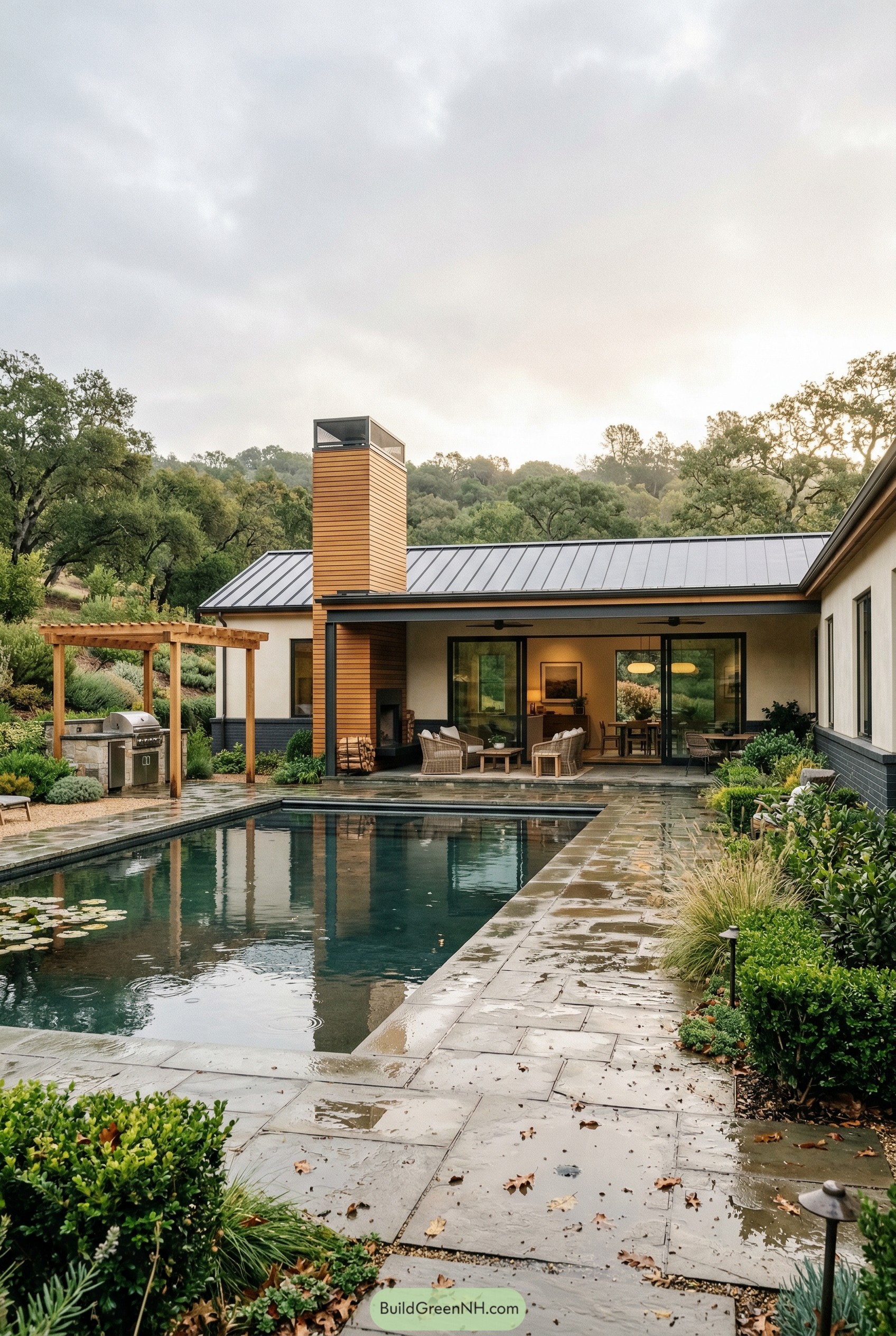 Modern ranch with pool courtyard and tall chimney