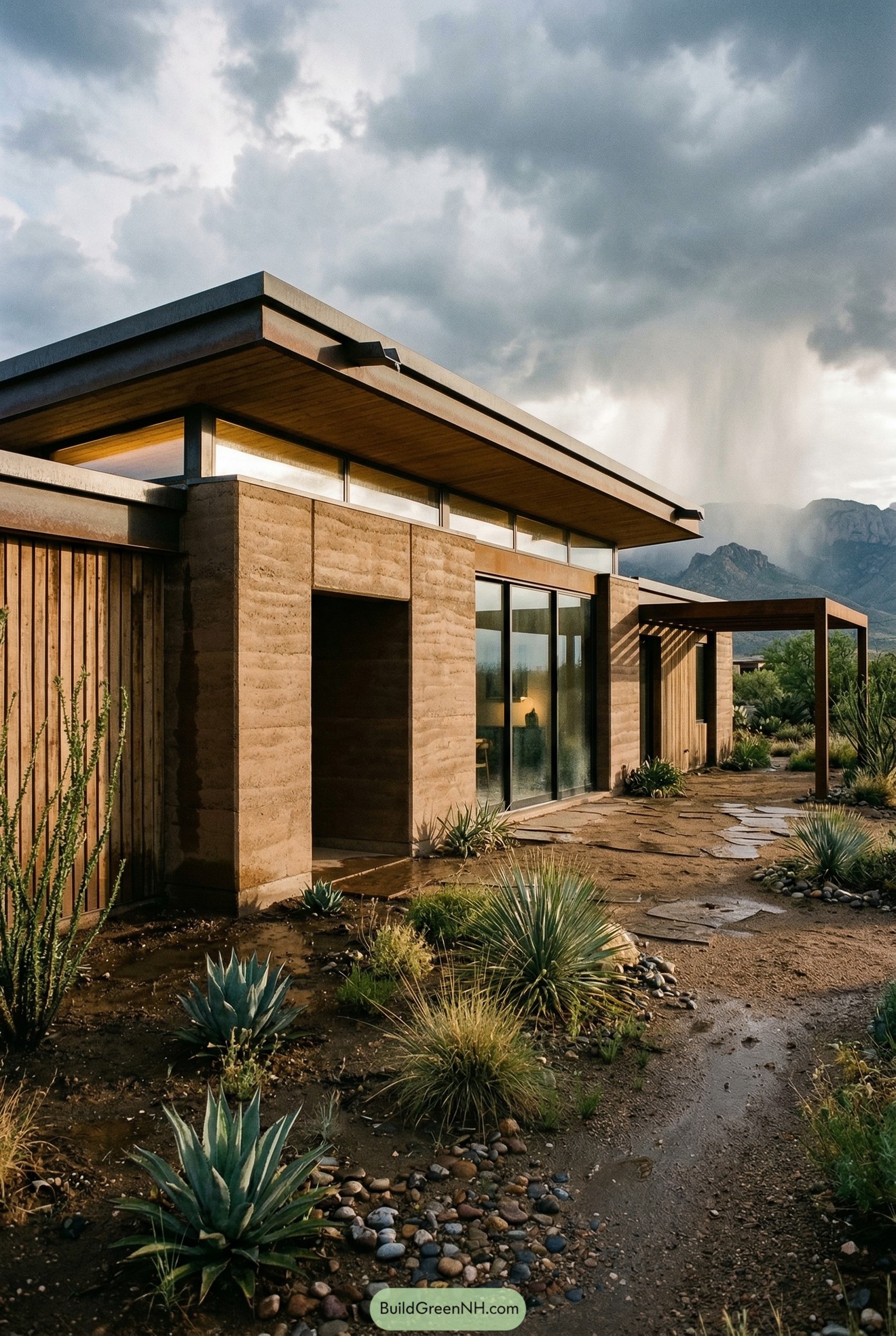 Desert ranch house with rammed earth walls