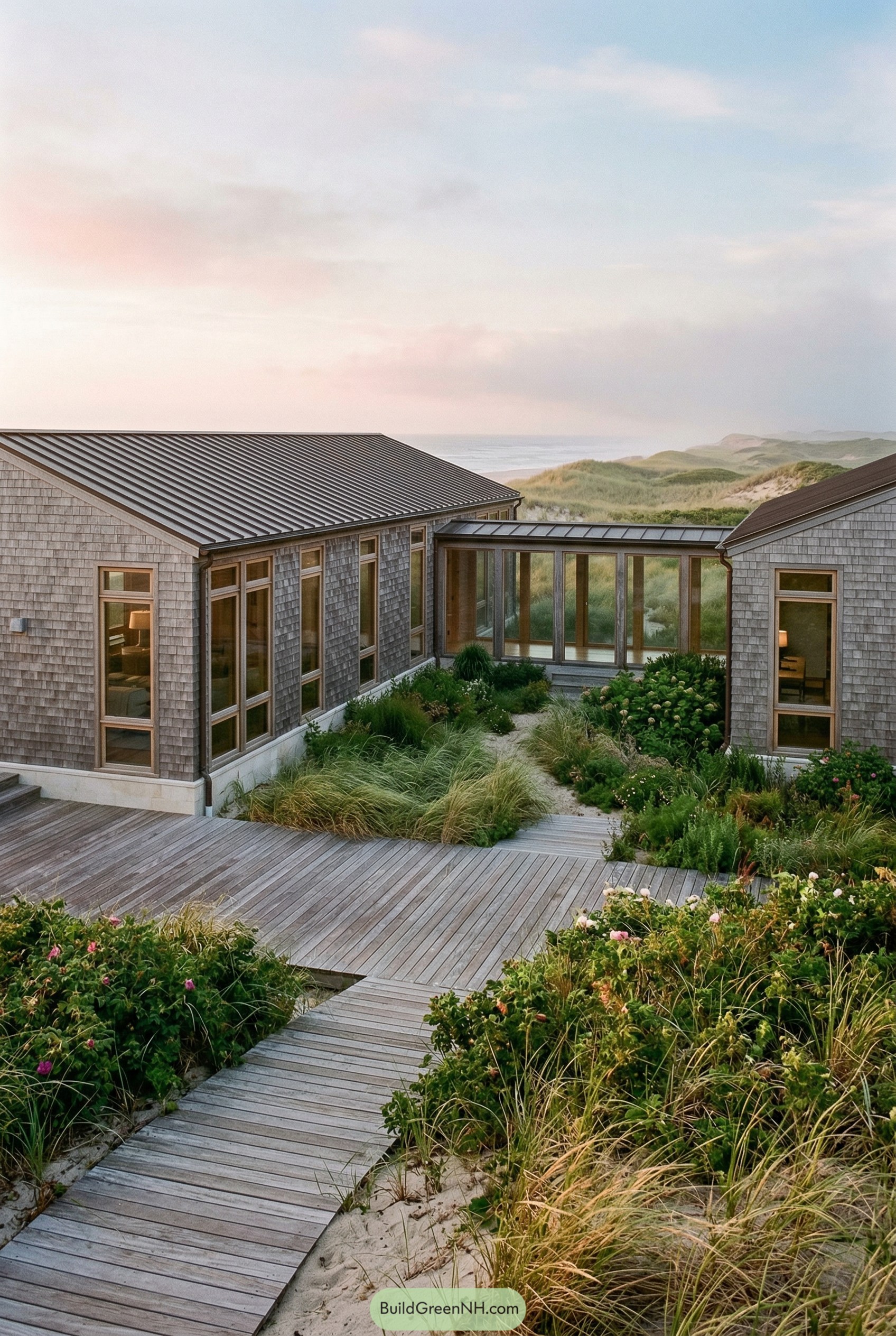 Shingled coastal ranch with dune courtyard