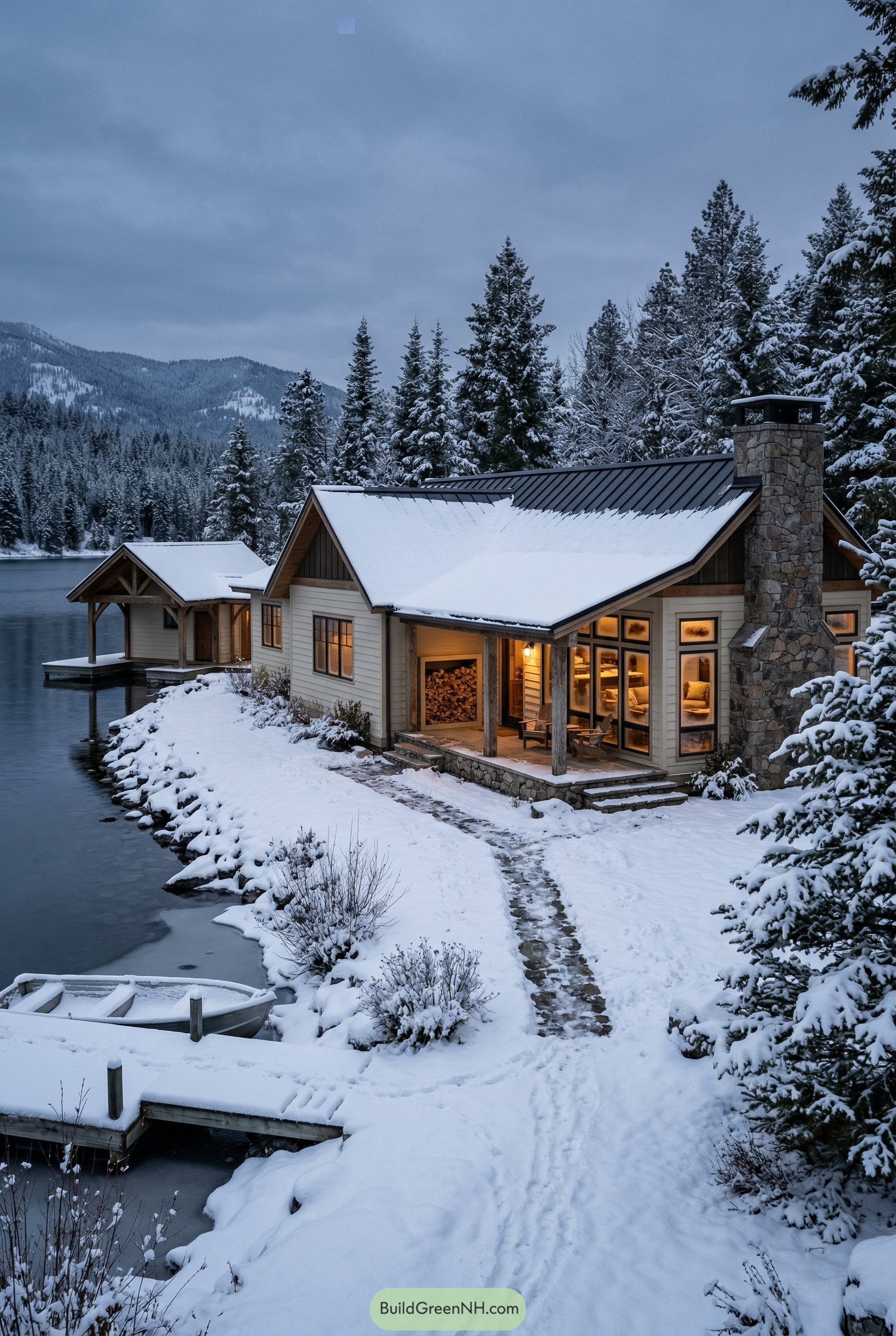 Snow covered lakeside ranch with stone chimney