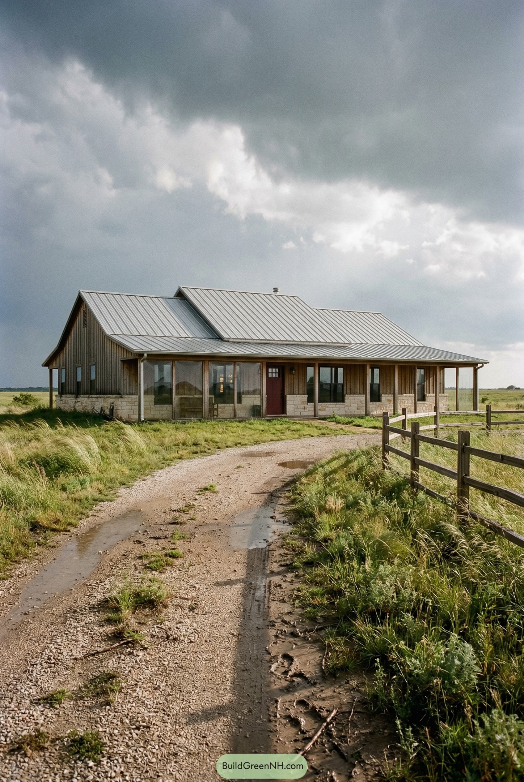Wood ranch house with metal roof on prairie
