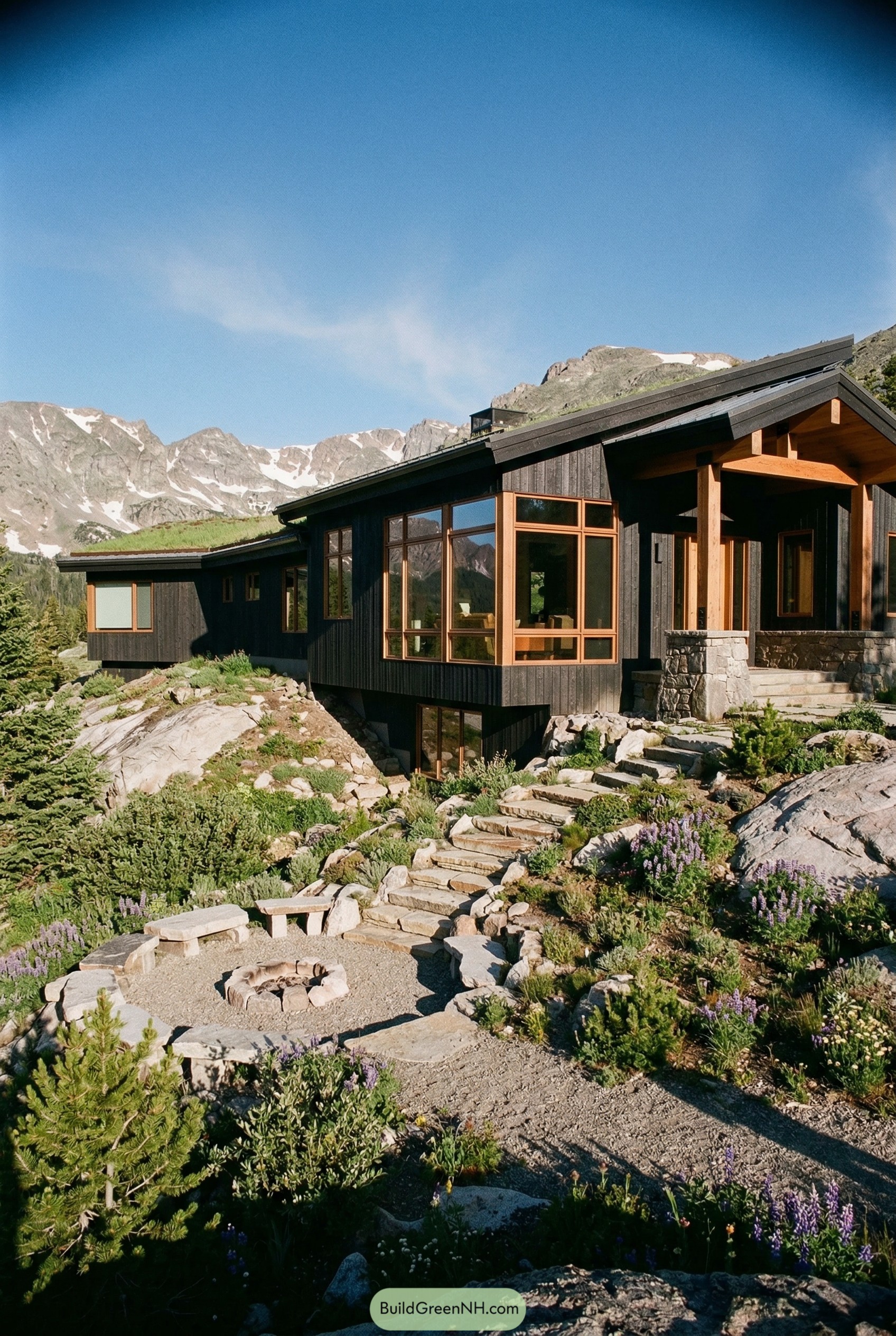 Black mountain home with green roof and fire pit