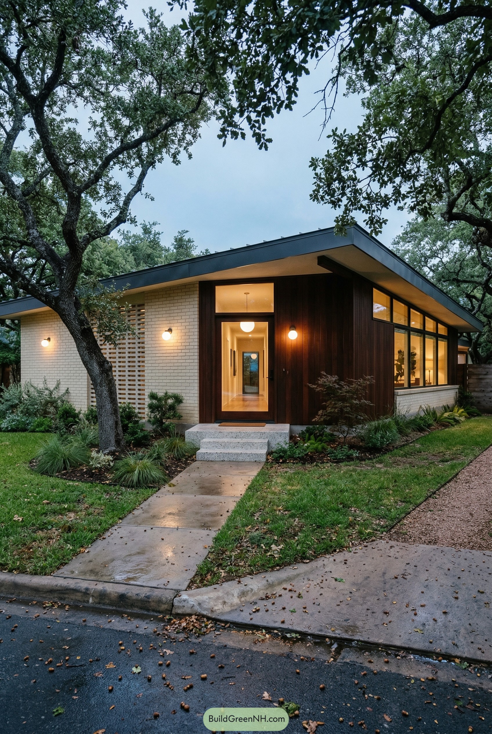 Modern ranch house with sloped roof under oak trees
