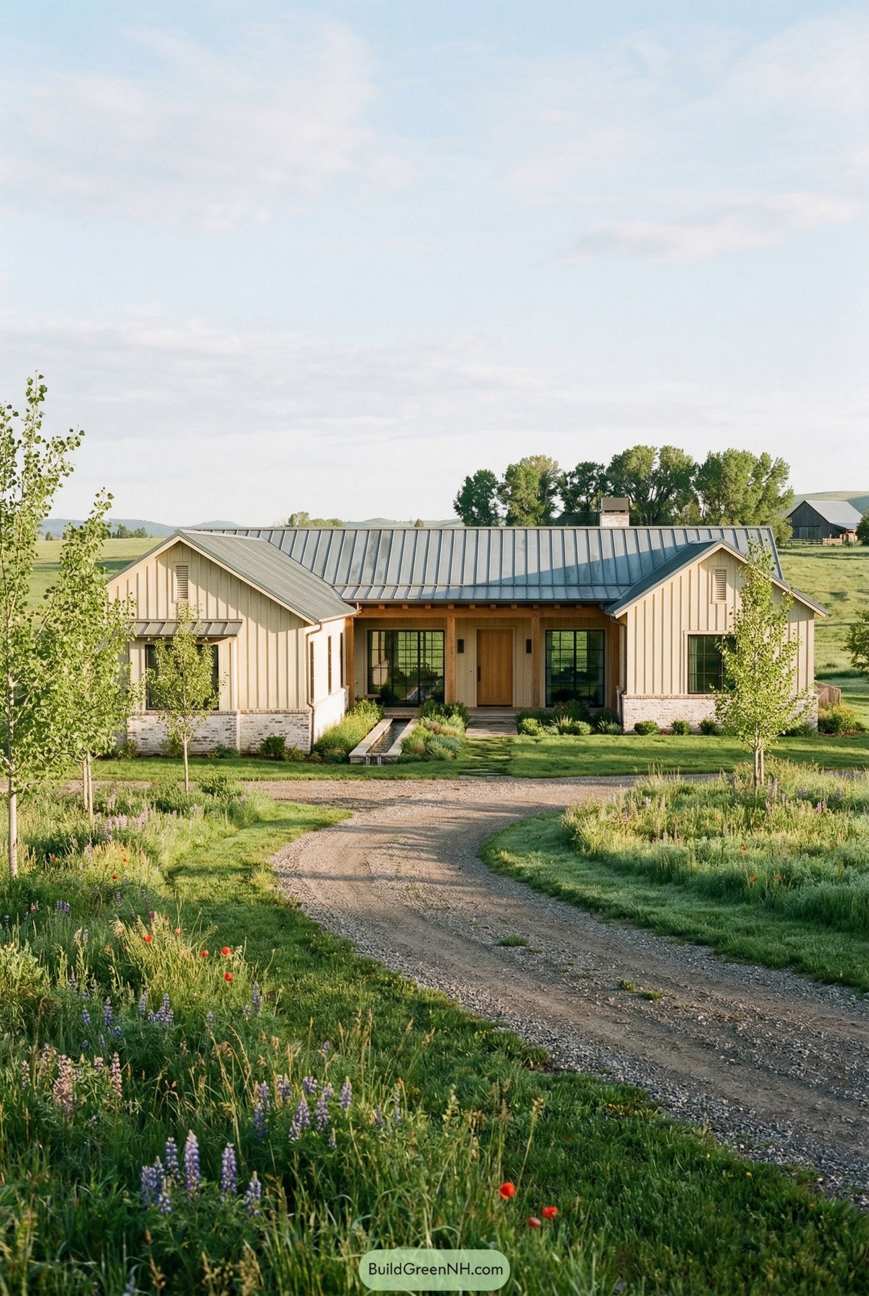 Cream ranch house with gray metal roof and gravel drive