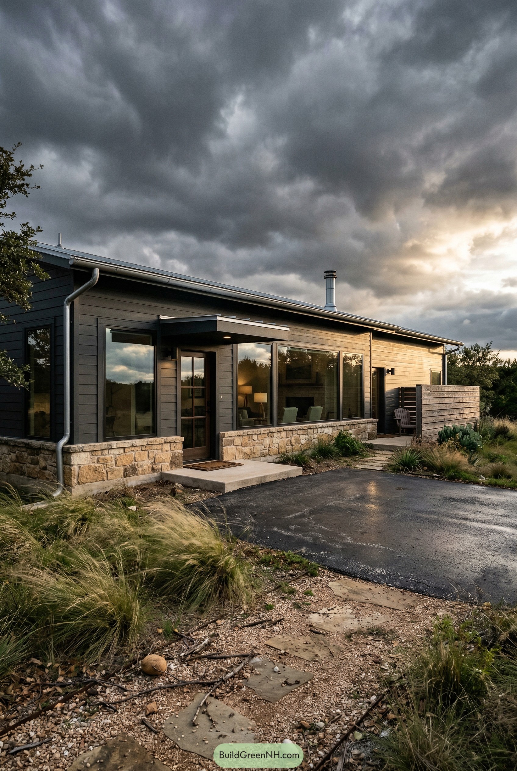 Modern ranch house with dark siding and stone base
