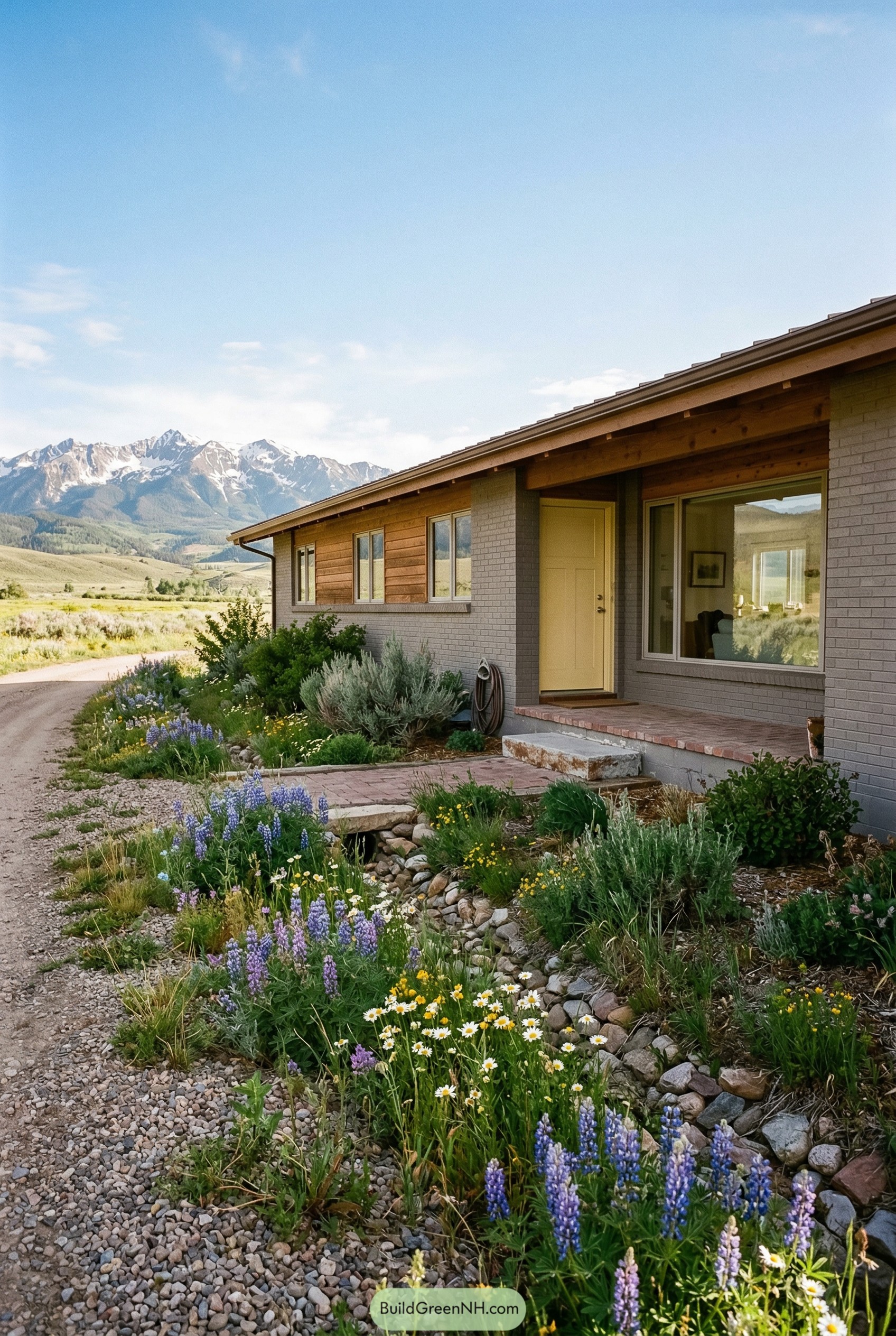 Single story ranch house with wildflower garden and mountains