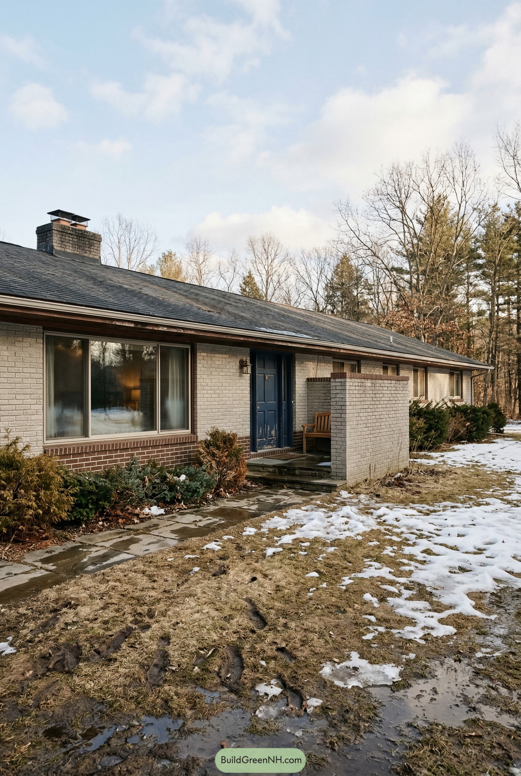 Long white brick ranch with blue door and entry wall