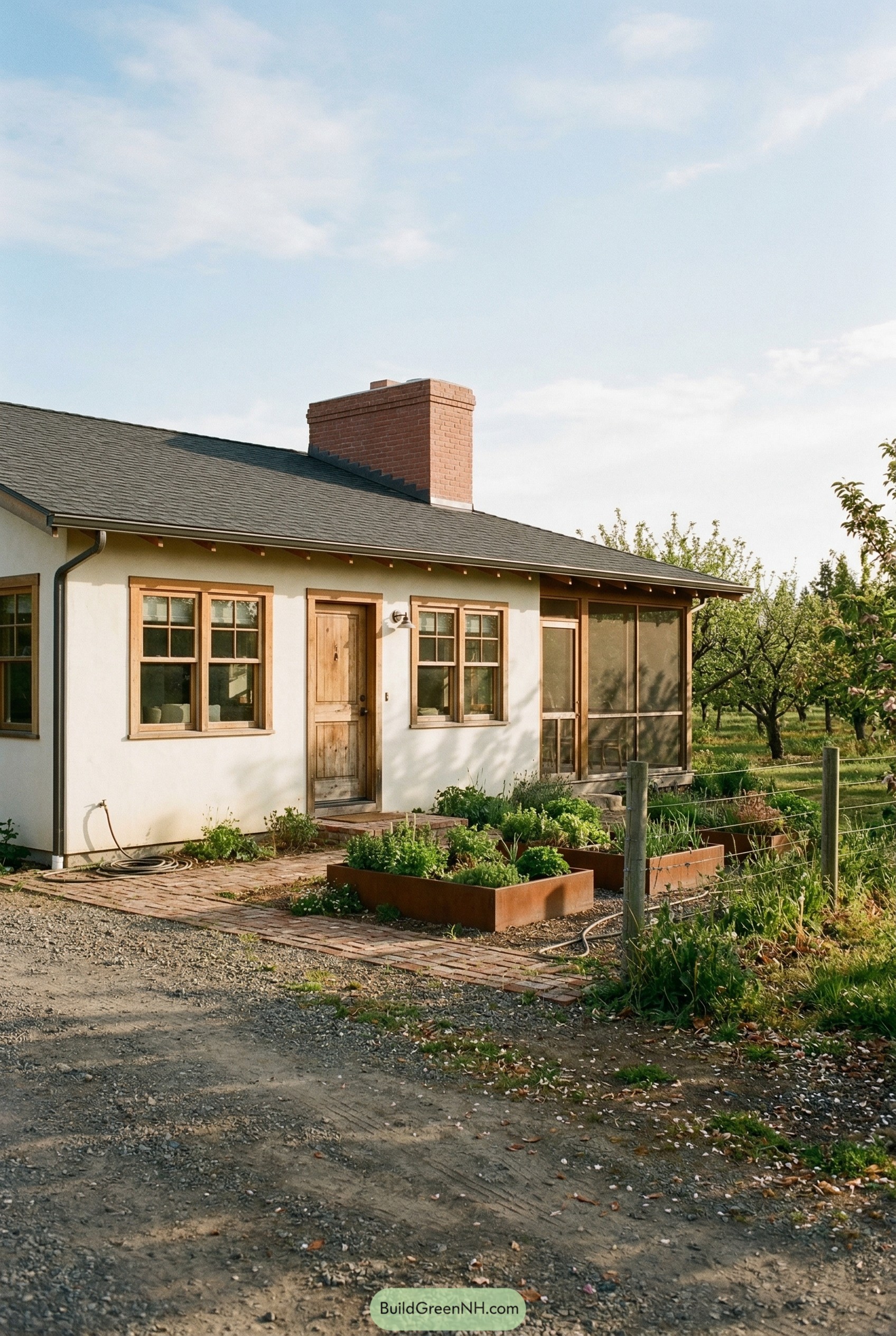 Single story cream ranch home with wood trim and screened porch