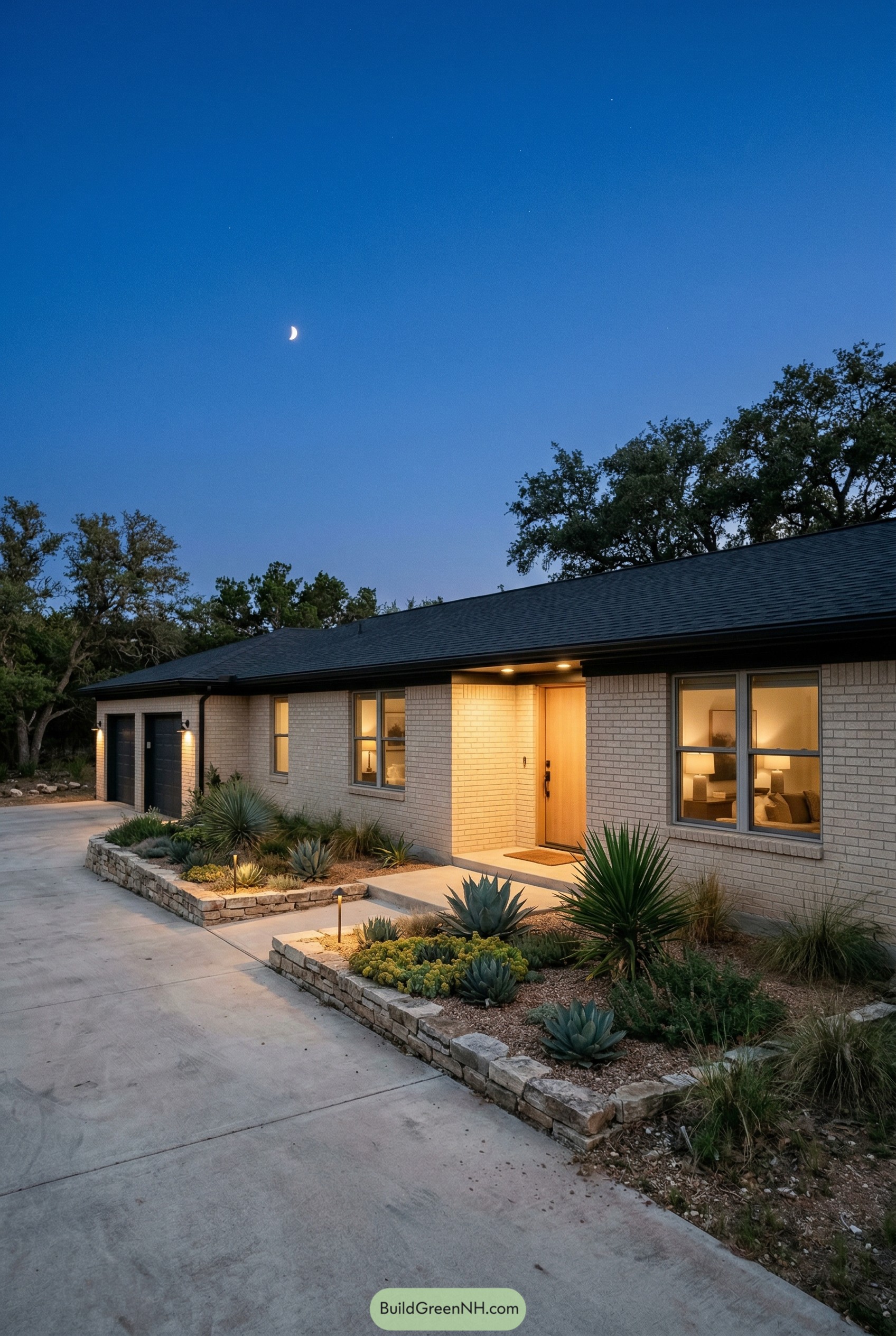 Cream brick ranch with xeriscape at dusk