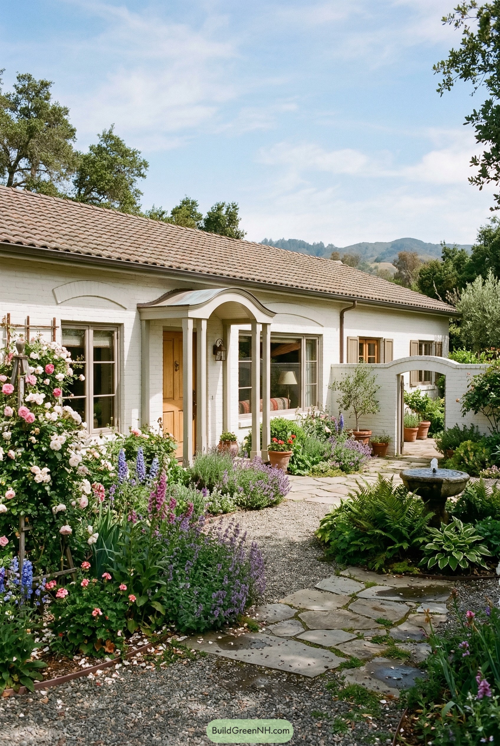 White ranch home with tile roof and flowered courtyard