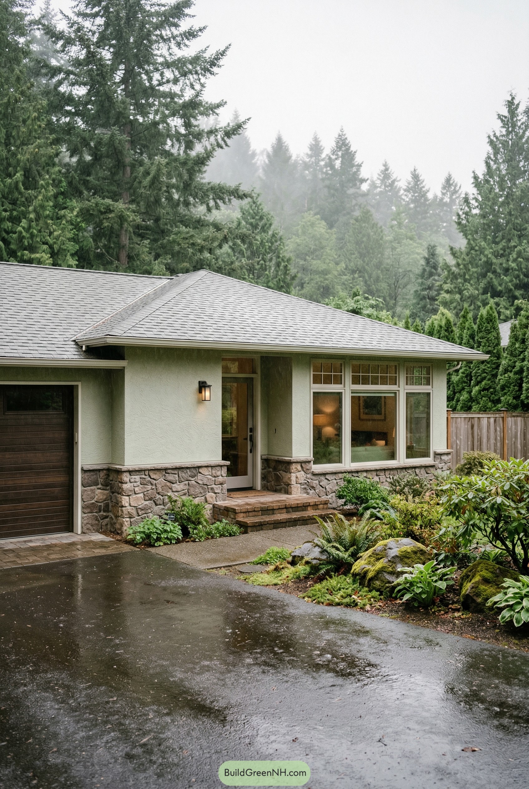 Single story ranch home with stone base and large front windows