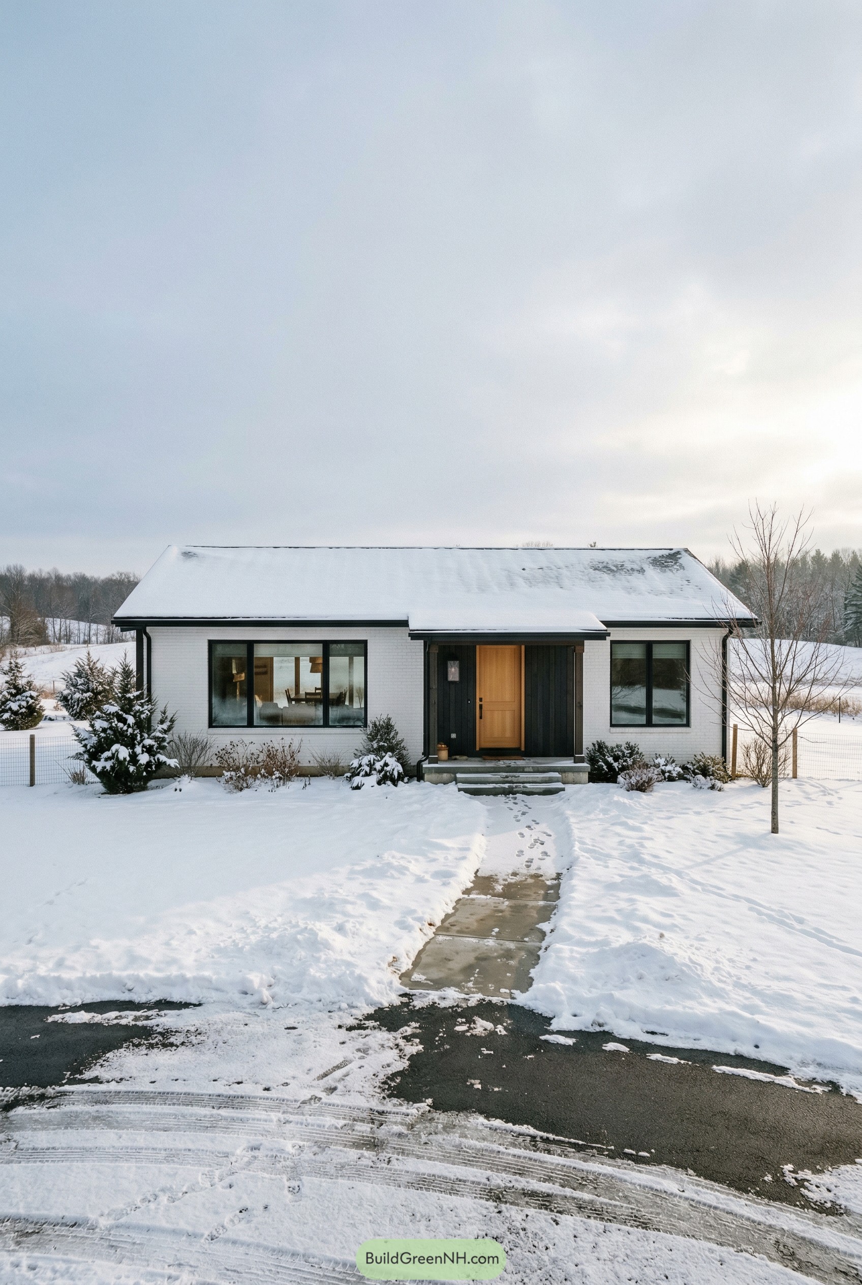 White ranch home with black trim in snow