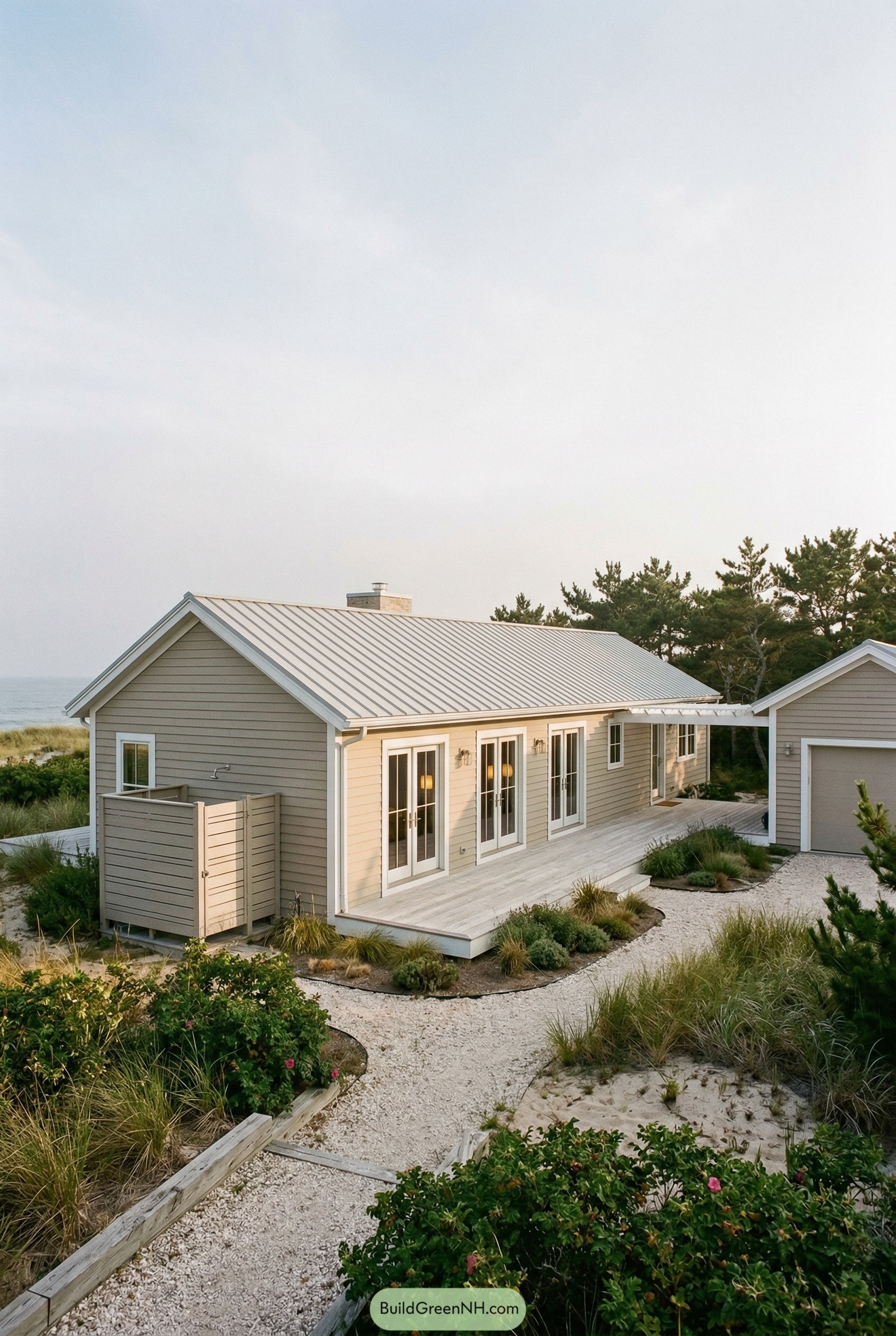 Coastal ranch home with metal roof and dune landscaping