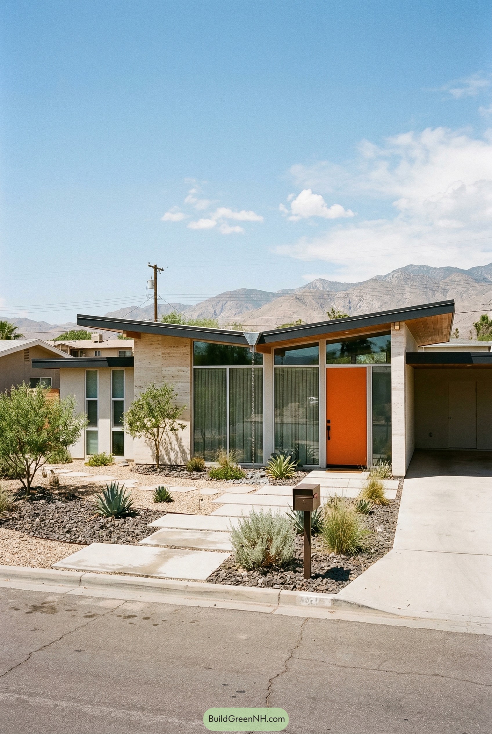 Desert modern home with butterfly roof and orange door