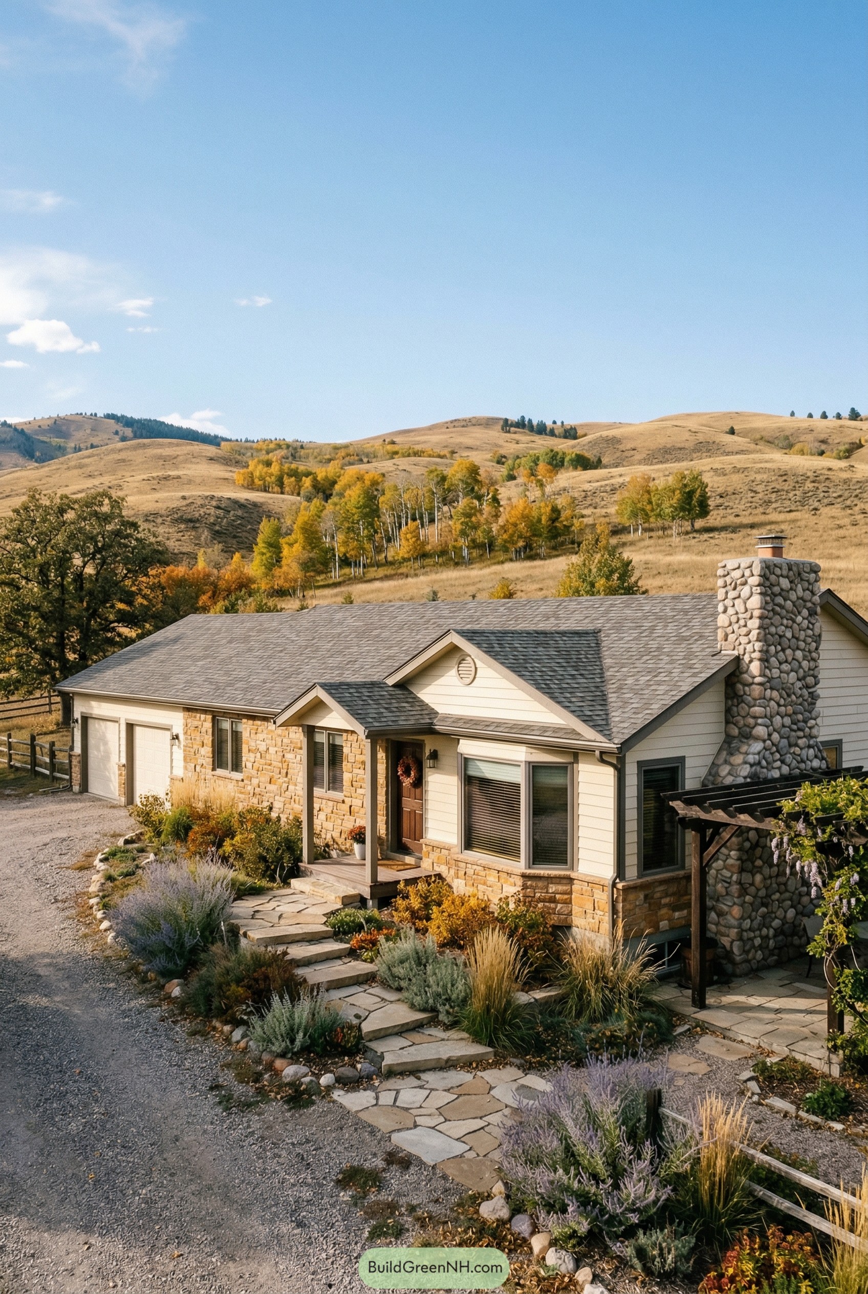 Ranch house with stone chimney in autumn foothills