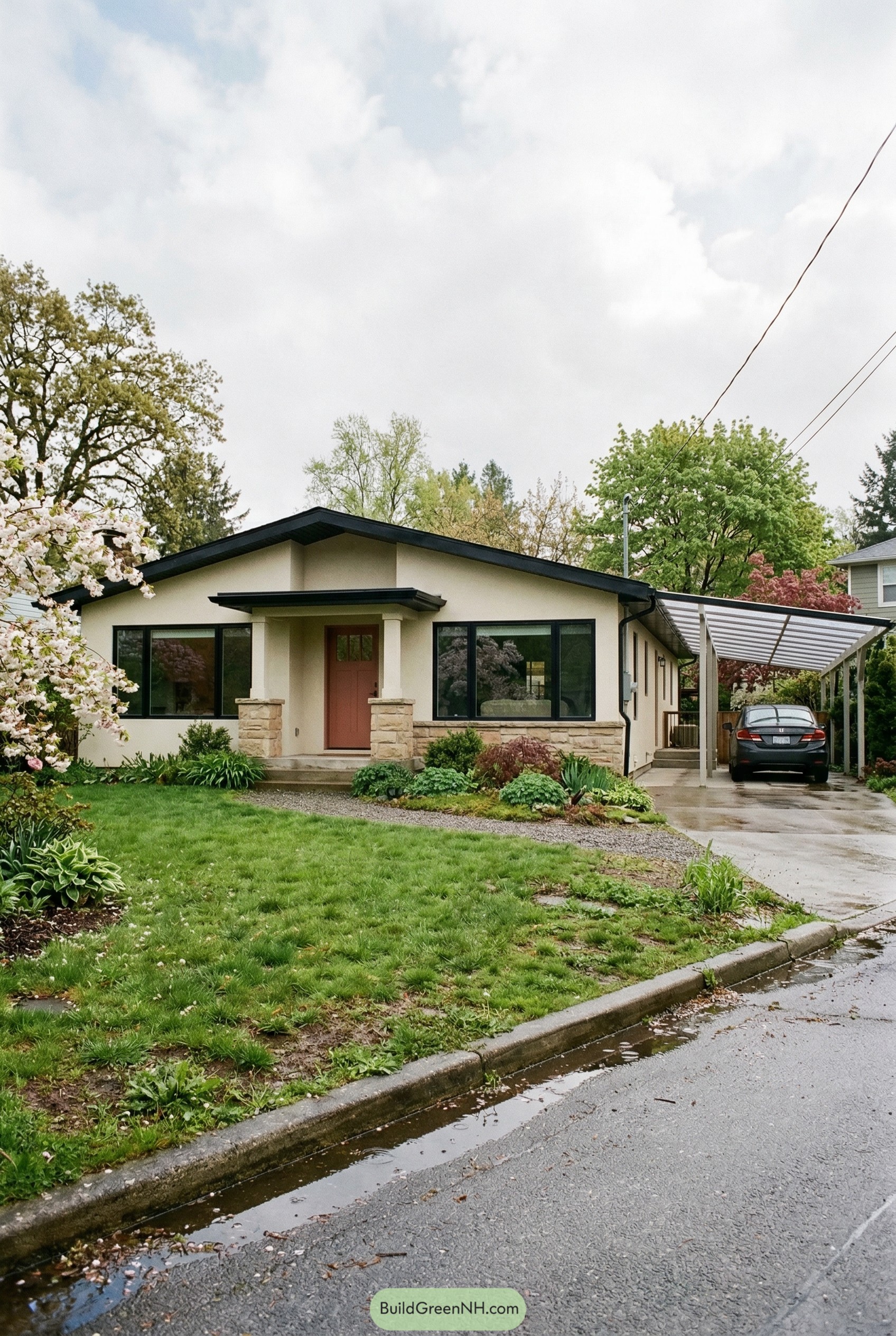 Cream single story ranch with black trim and side carport