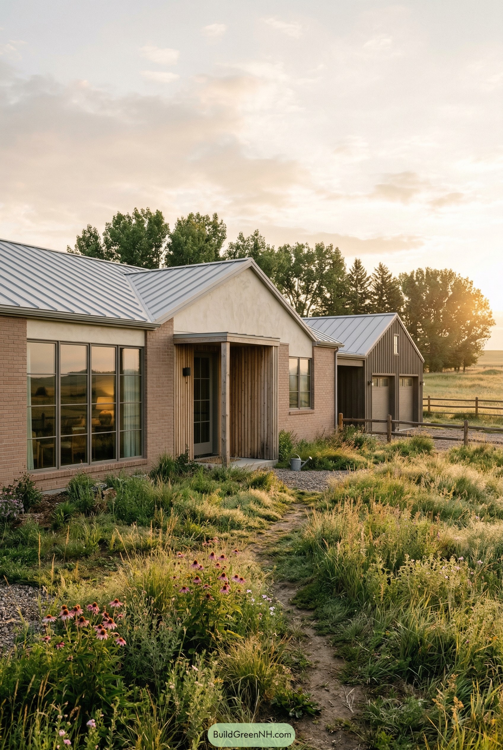 Brick farmhouse with metal roof and meadow grasses