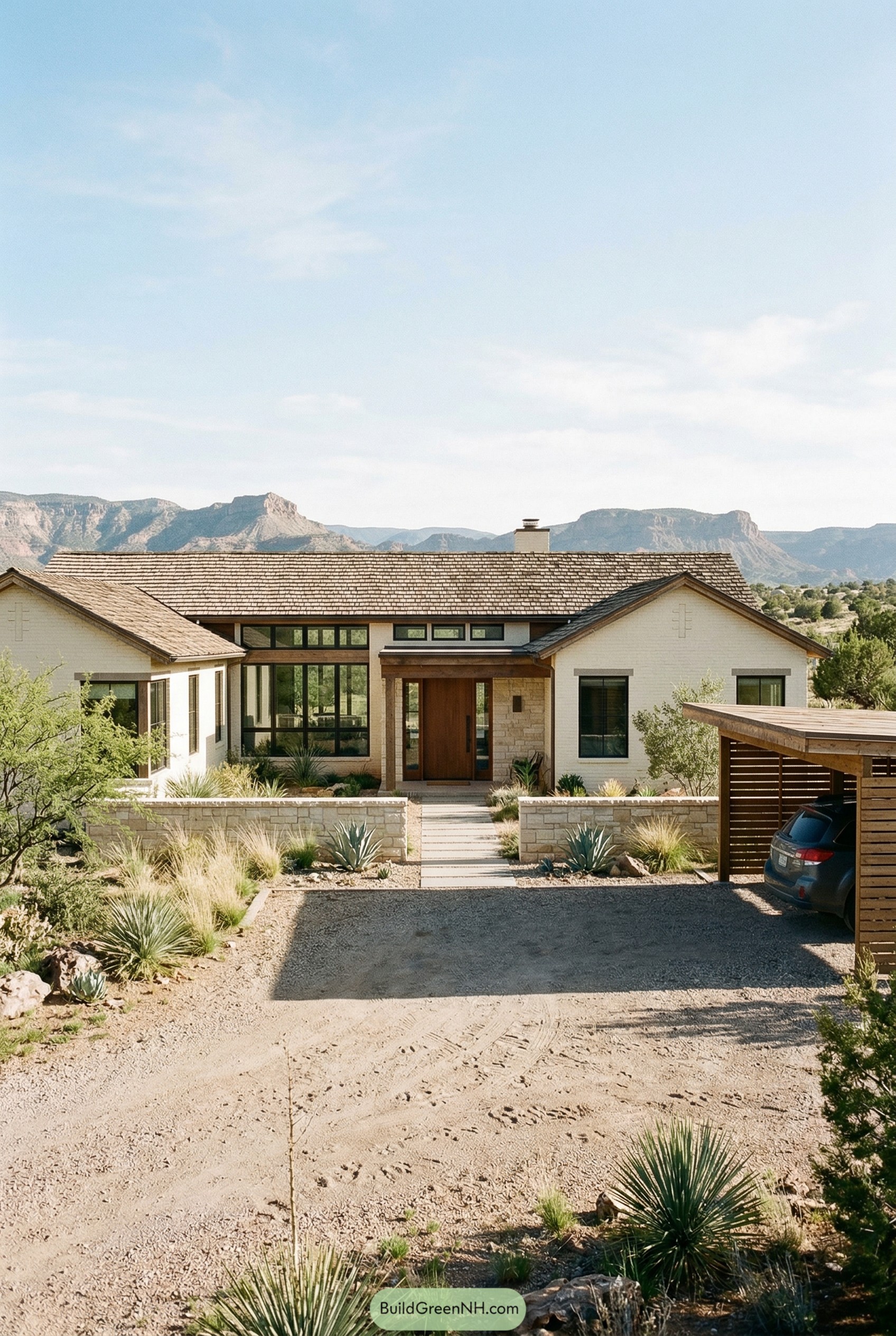 Low ranch house with stone entry and desert yard