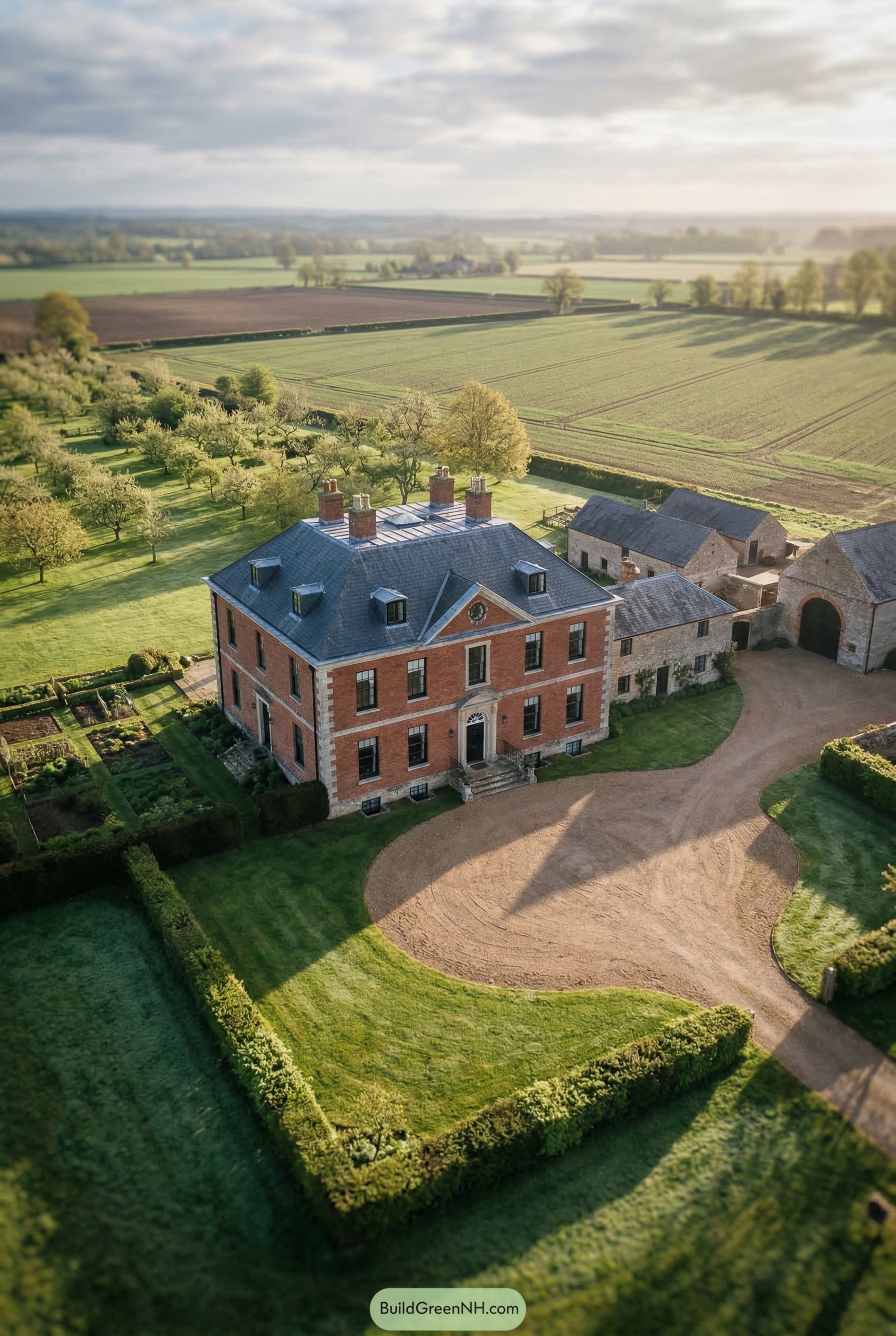 Aerial view of red brick manor with orchard and stone farm buildings