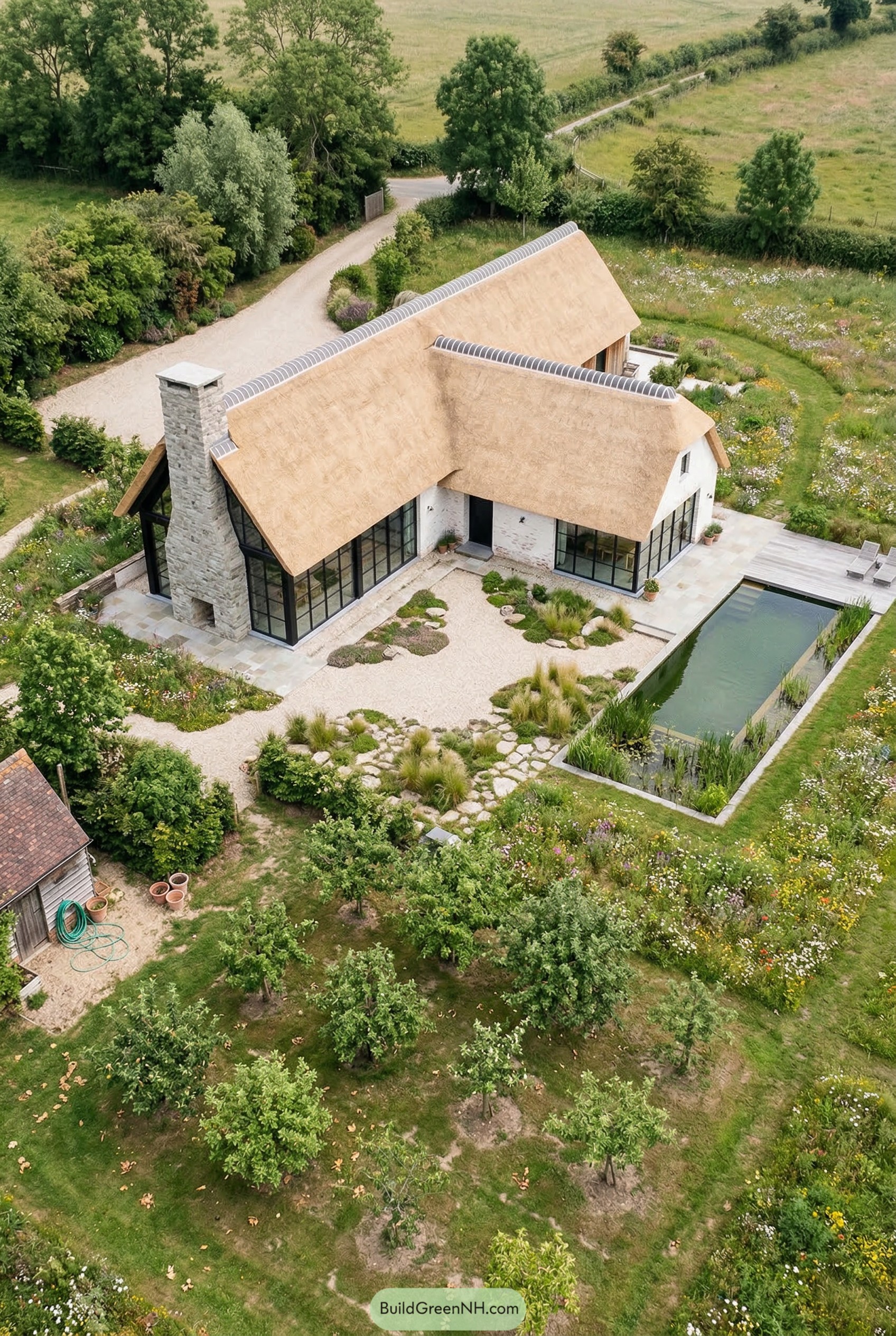 Aerial view of a thatched farmhouse with natural pool