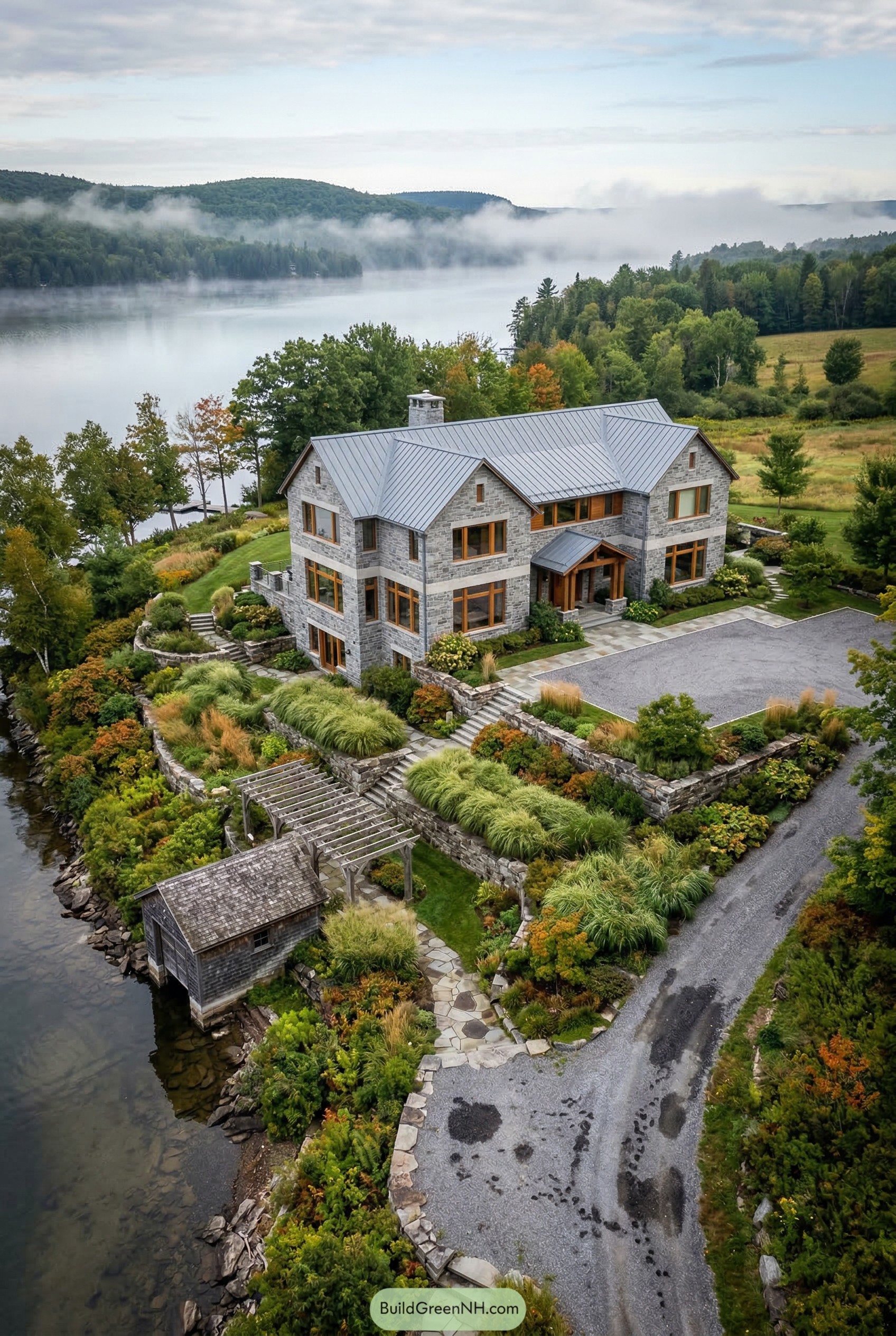 Aerial view of stone lakeside mansion with terraced gardens