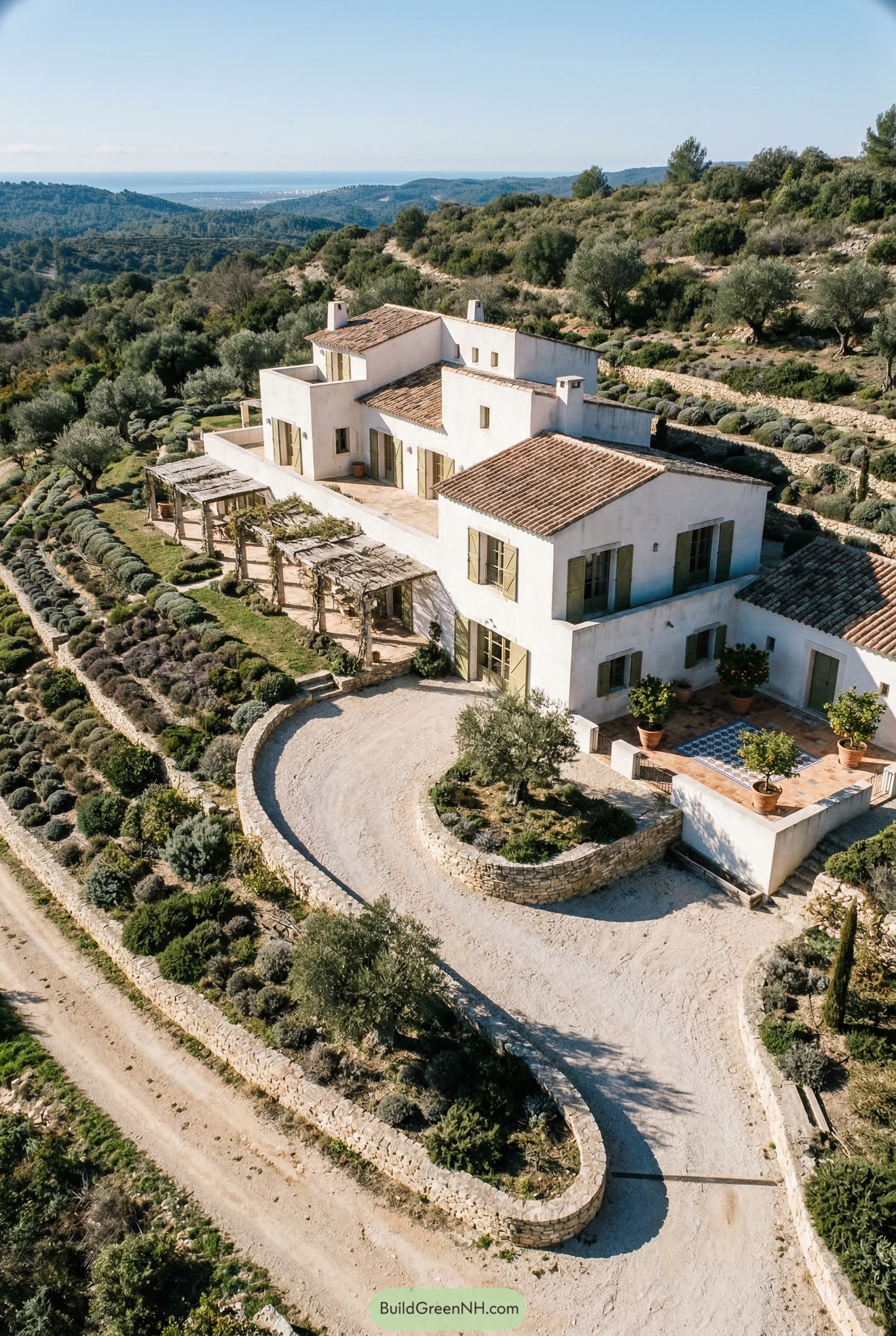 White stucco hillside finca with pergolas and terraces