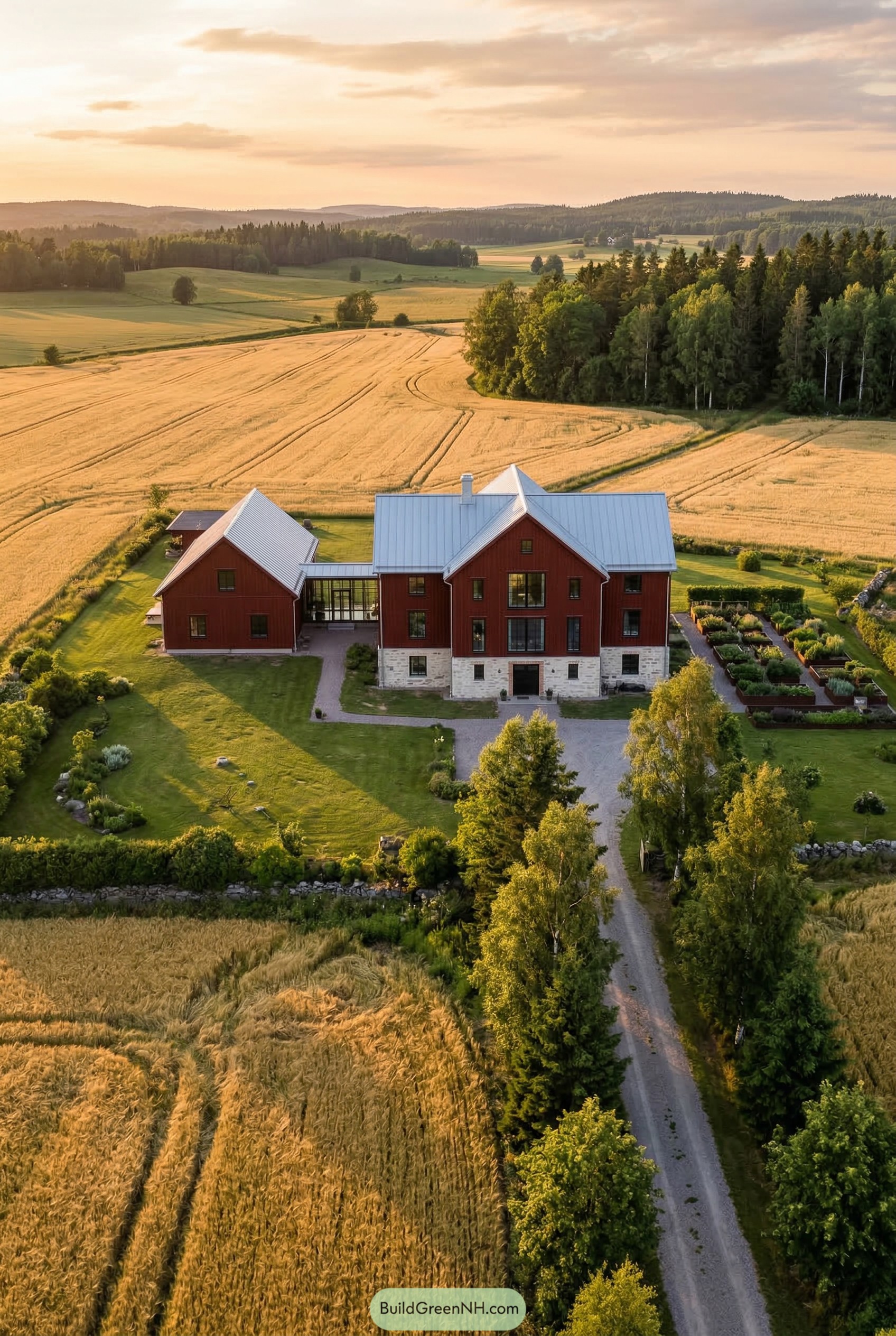 Red timber farmhouse with white roofs in wheat fields