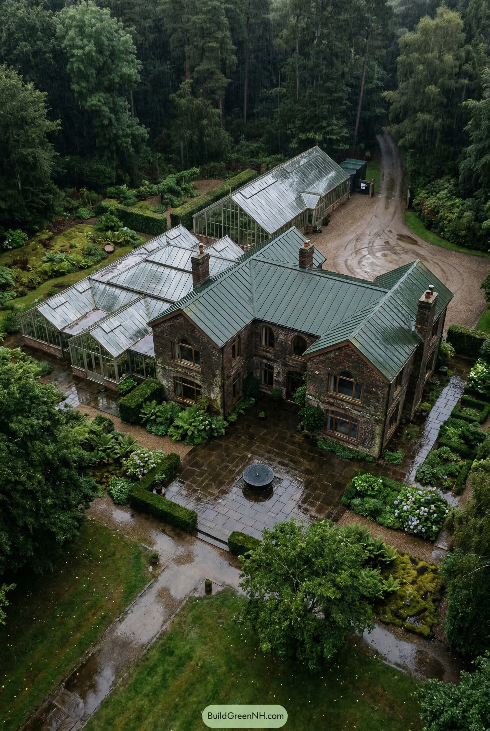 Brick manor with glasshouse wings in woodland