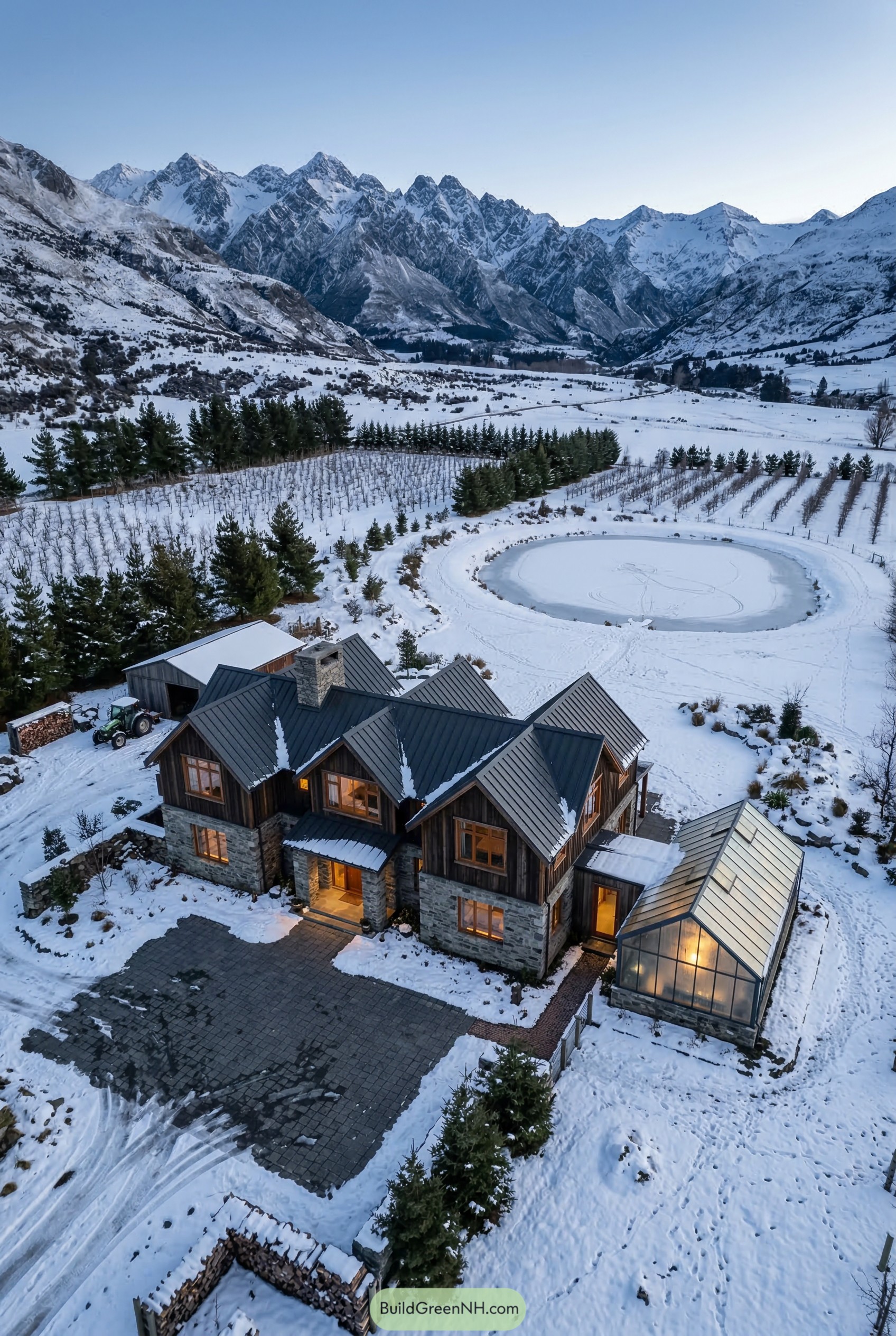 Snowy mountain farmhouse with greenhouse and frozen pond