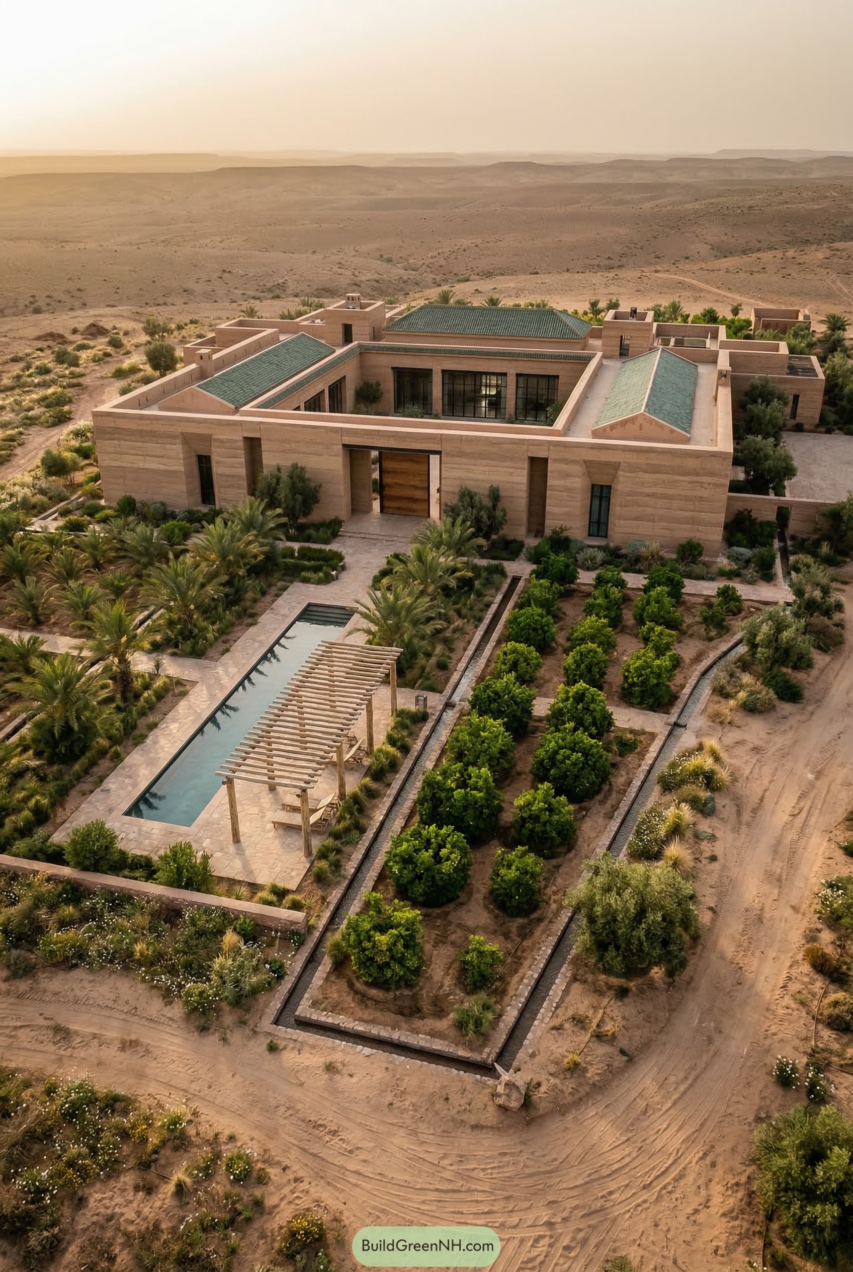 Walled desert mansion with orchard and pool