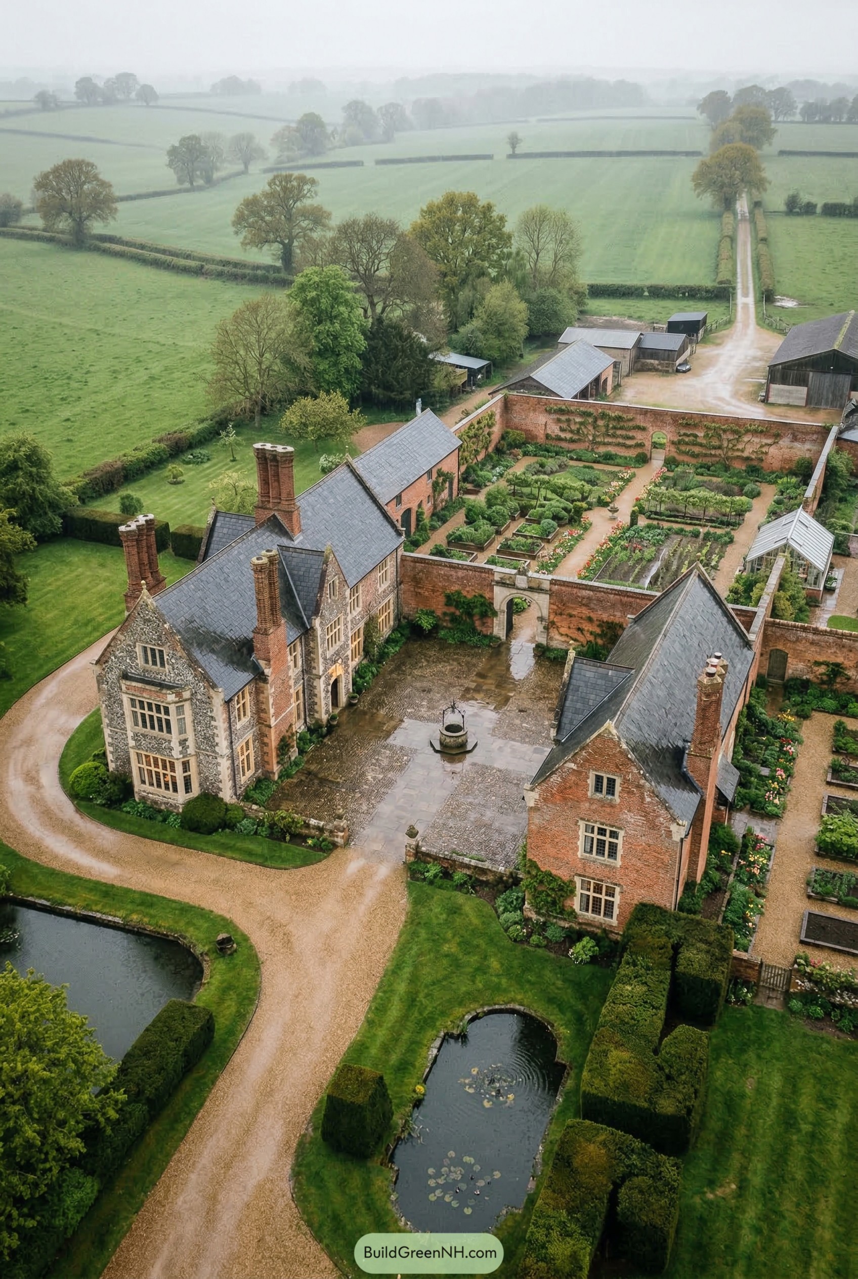 Aerial view of a brick manor with walled gardens and ponds