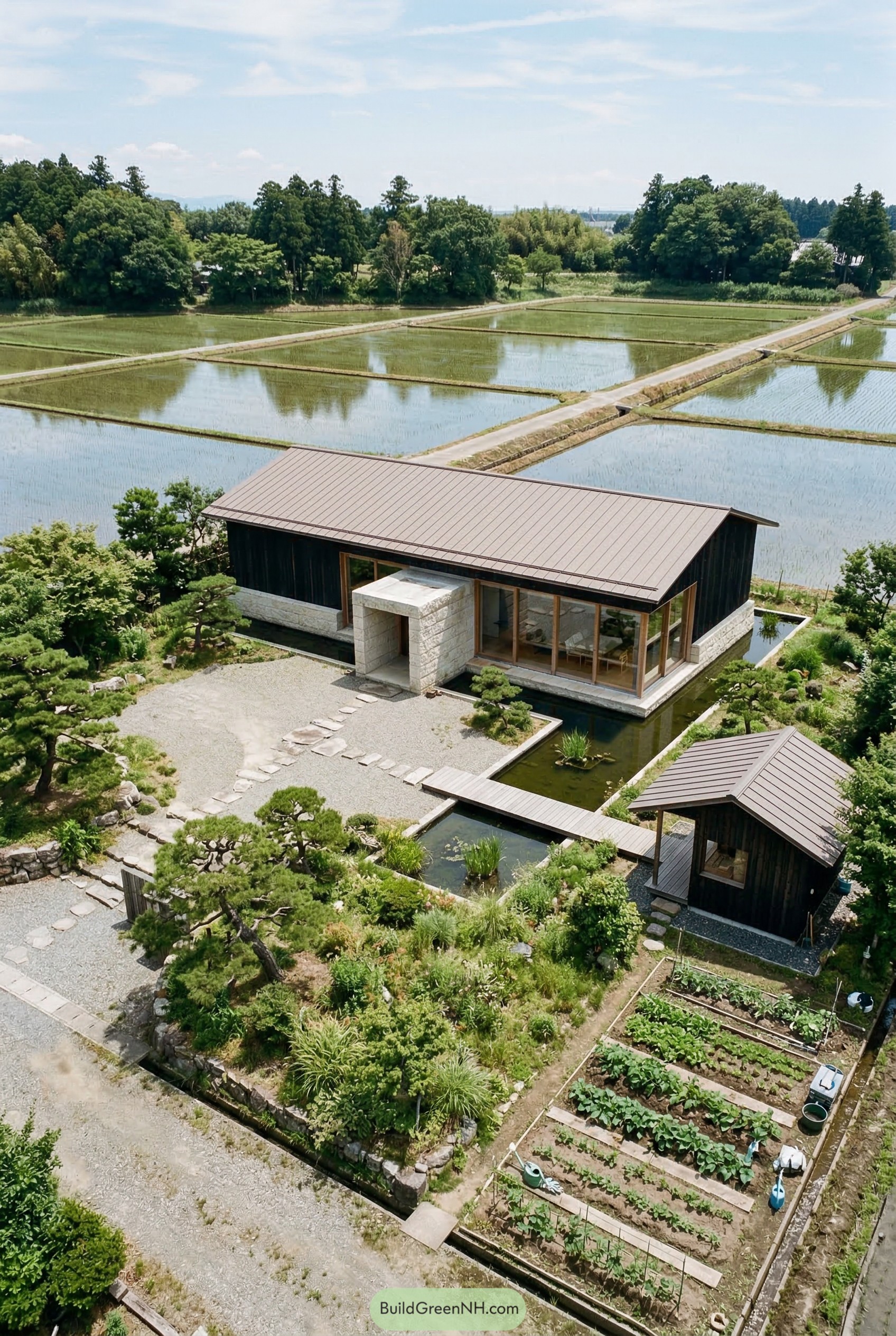 Modern villa beside rice paddies and gardens