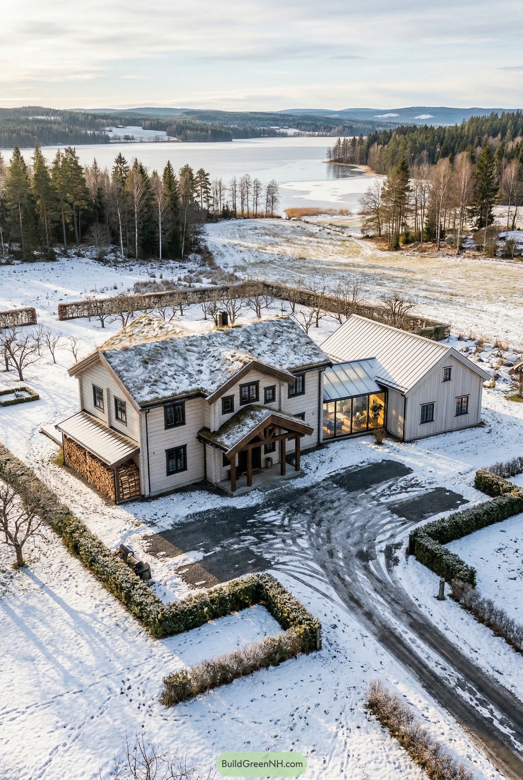 White timber farmhouse with sod roof by snowy lake