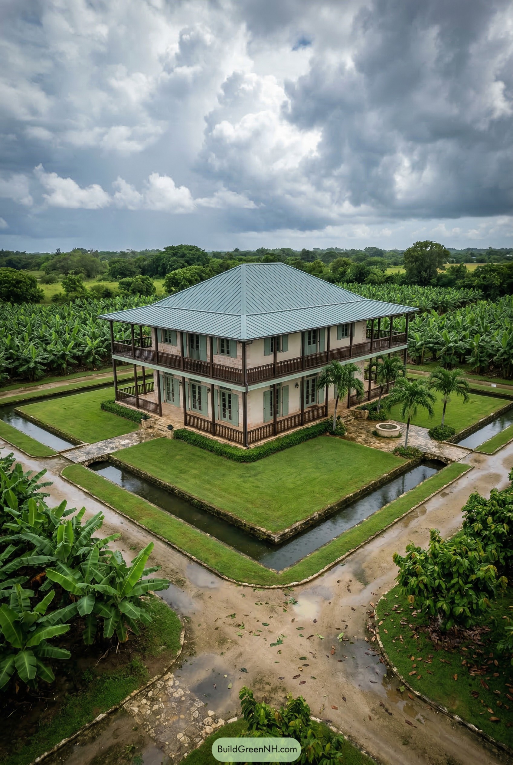 Two story plantation house with wraparound porches and water channels