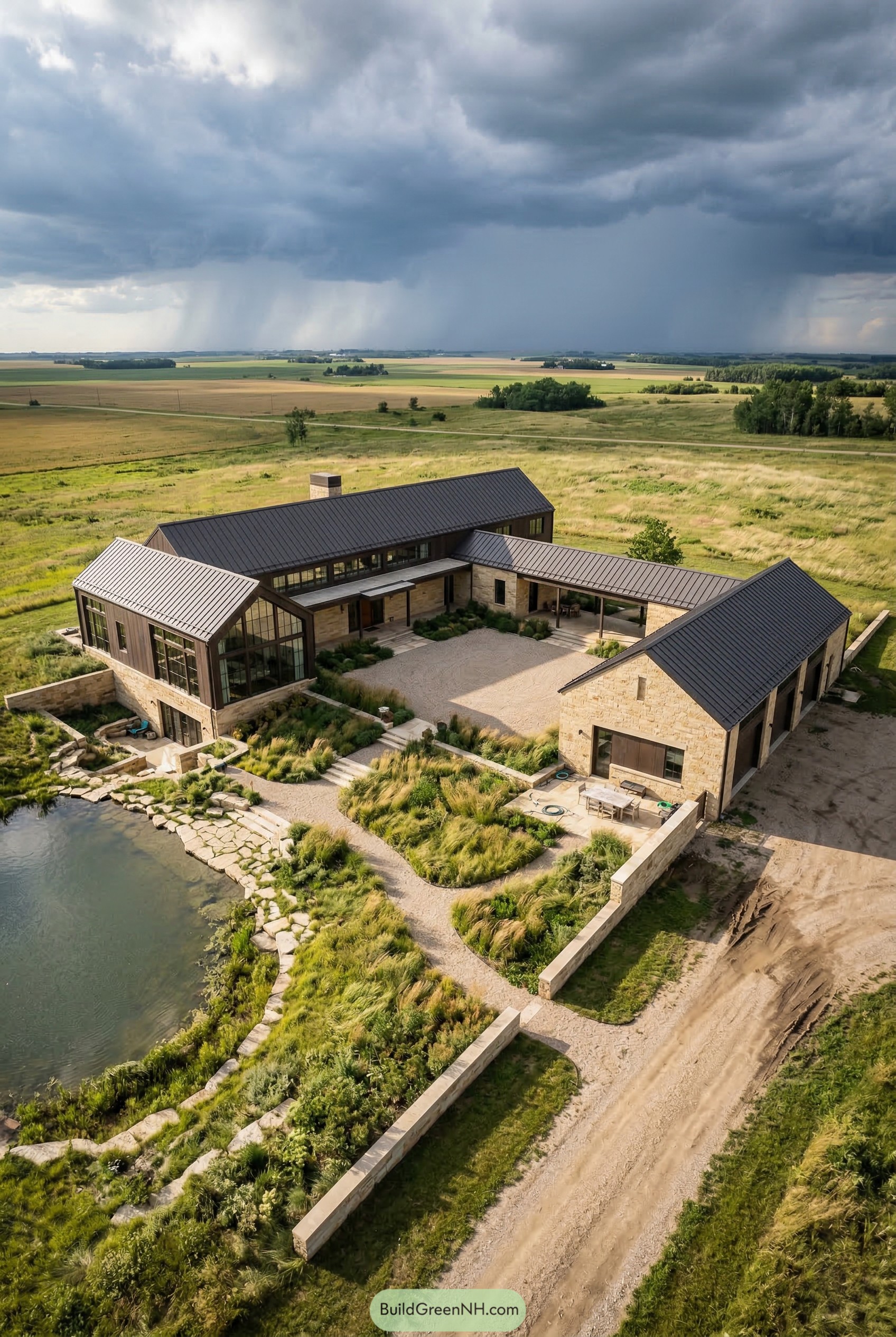 Modern stone farm compound with pond and courtyard