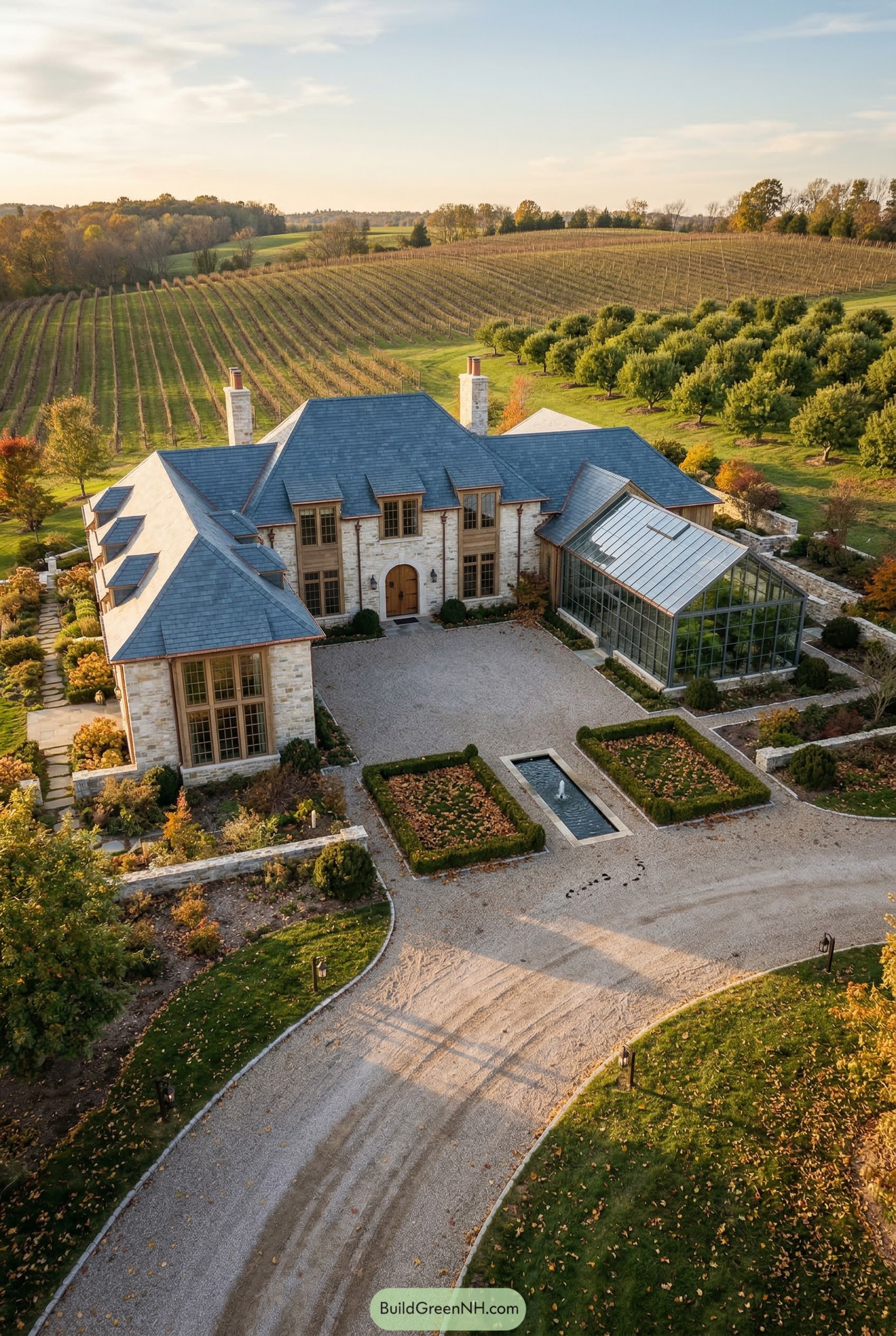 Stone farm mansion with glass conservatory beside vineyard rows
