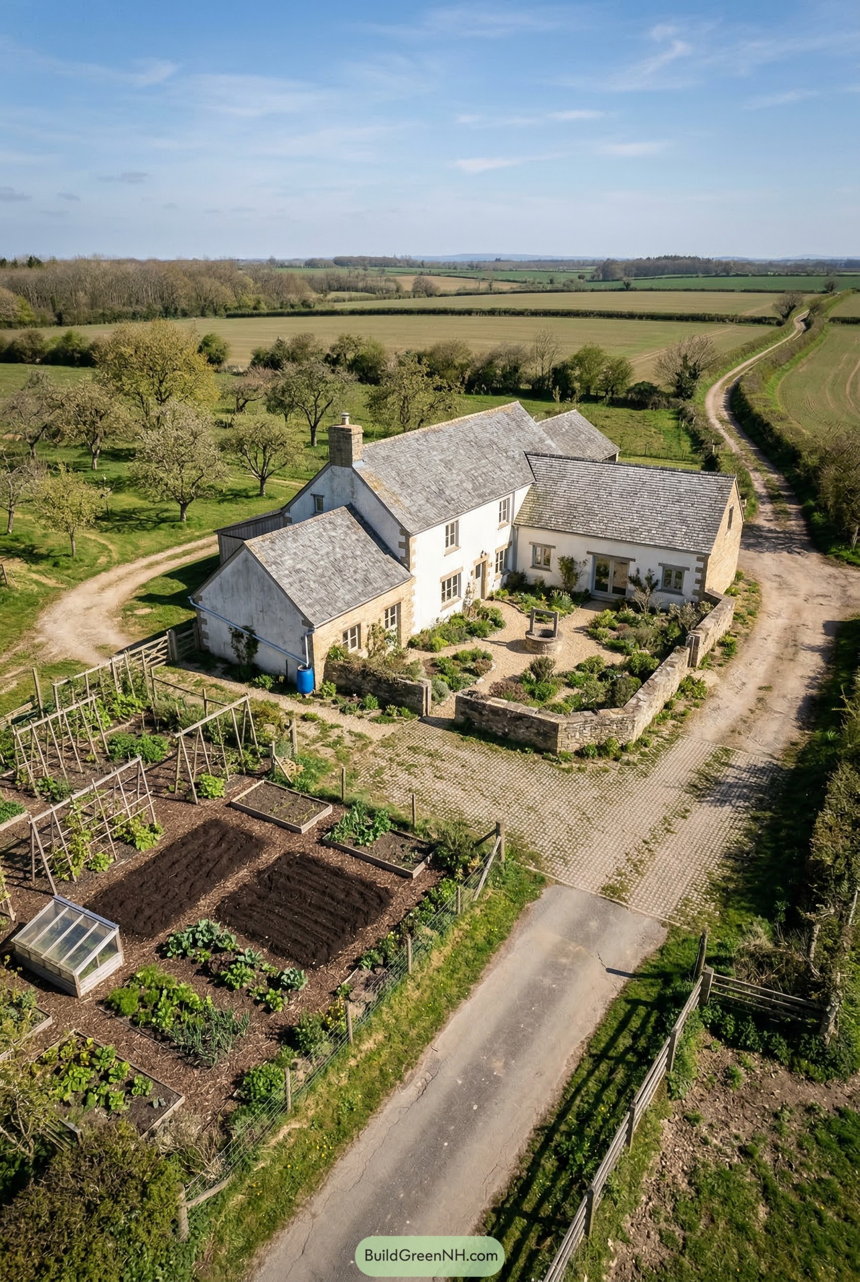 Aerial view of farmhouse with walled garden and vegetable beds