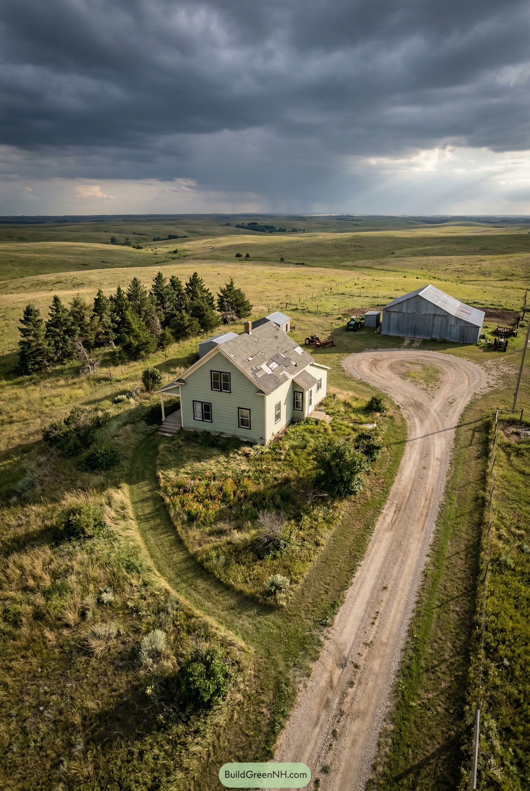 Farmhouse with curved drive barn and prairie fields