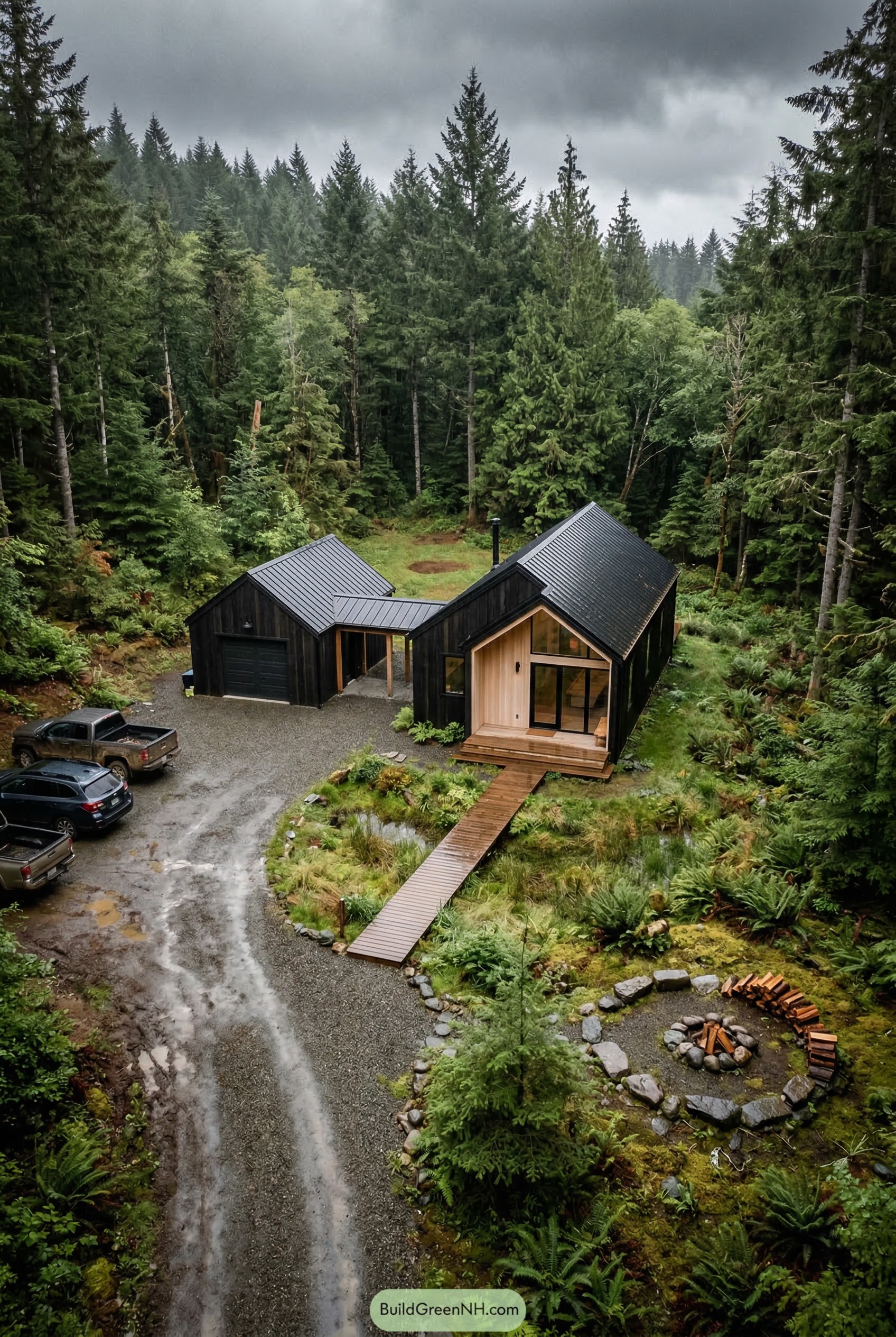 Black gabled farmhouse in a forest clearing with a boardwalk and fire pit