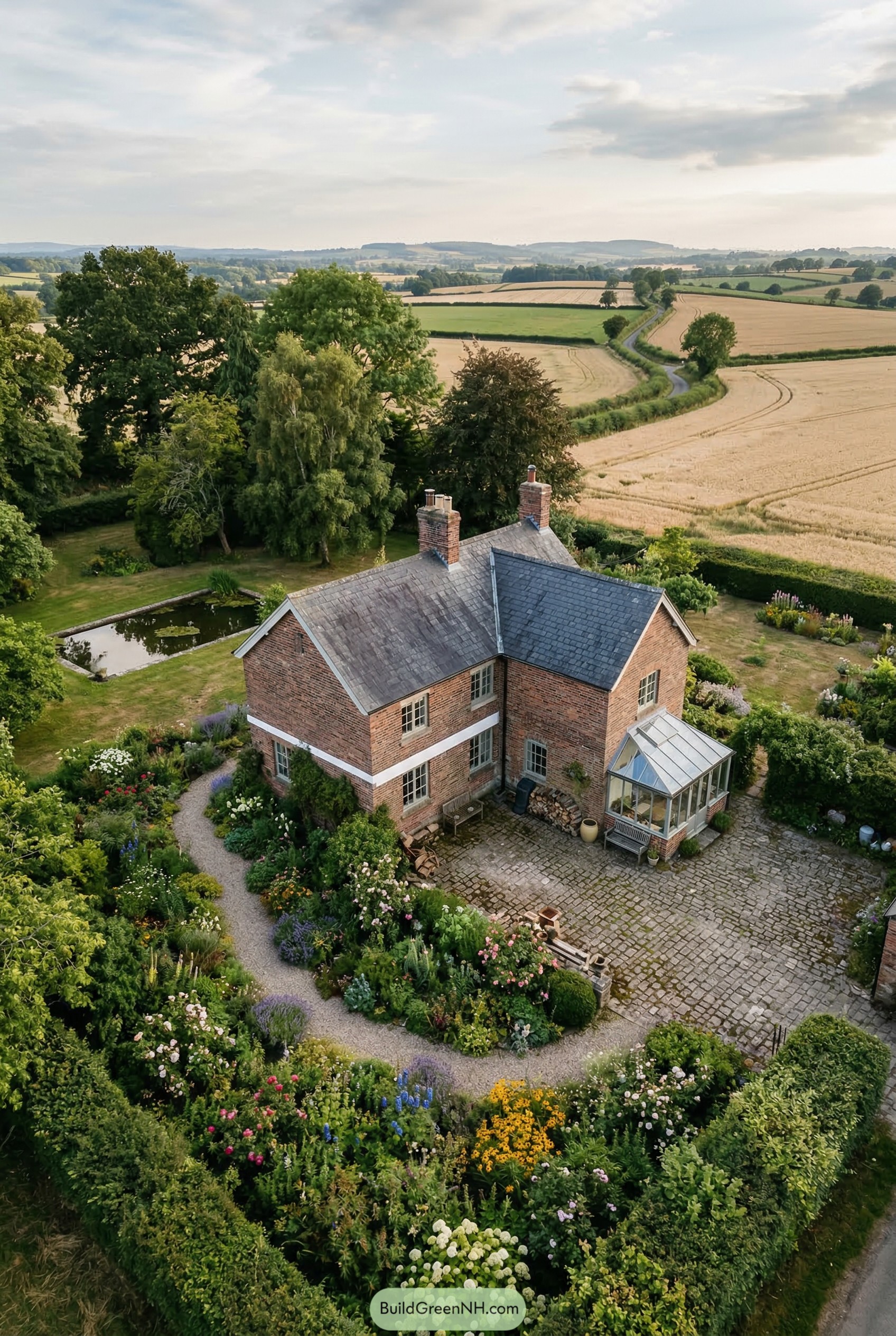 Brick cottage with cobbled court and flower garden