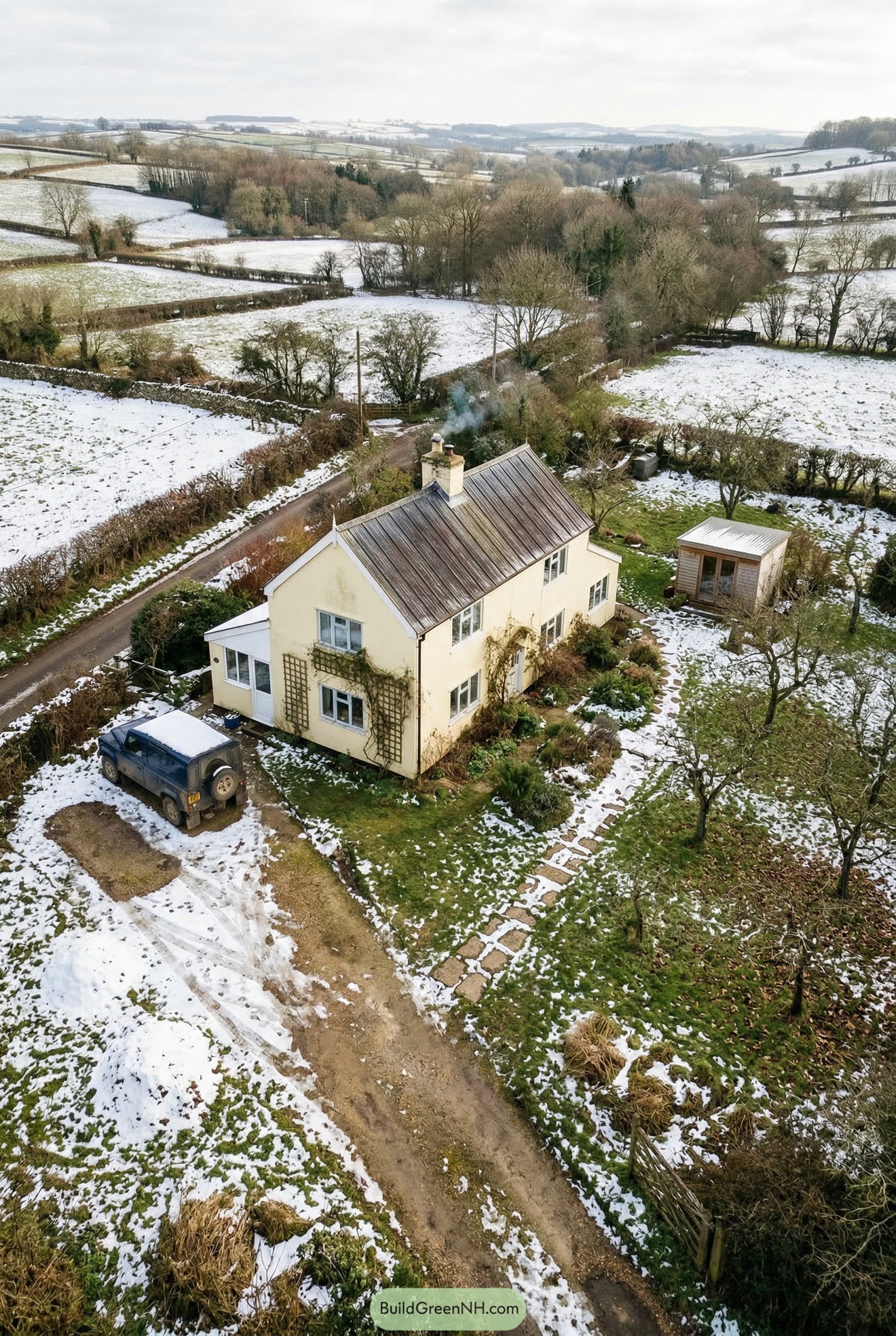 Aerial view of a cream farmhouse with snowy orchard and winding drive
