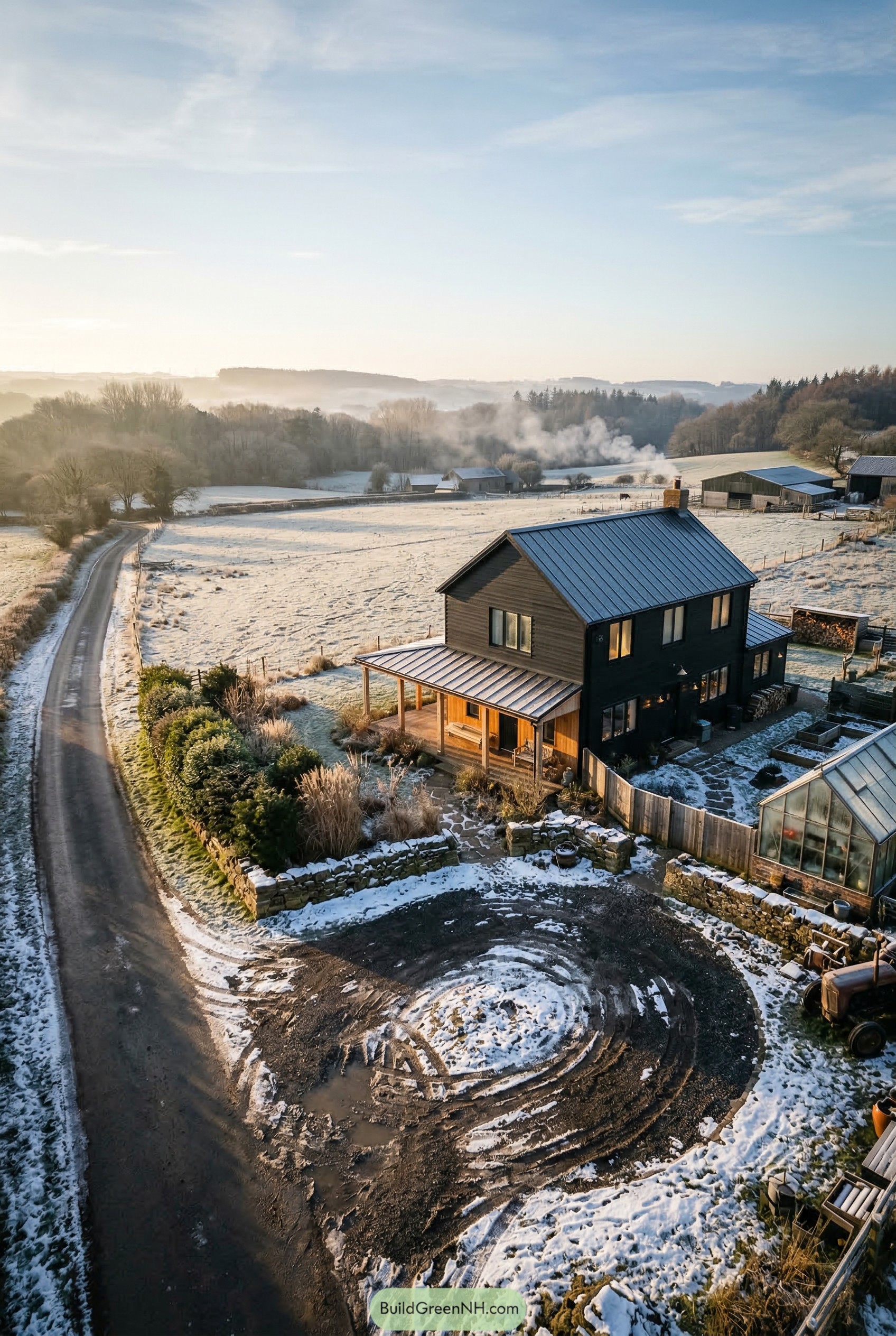 Black farmhouse with greenhouse in snowy fields