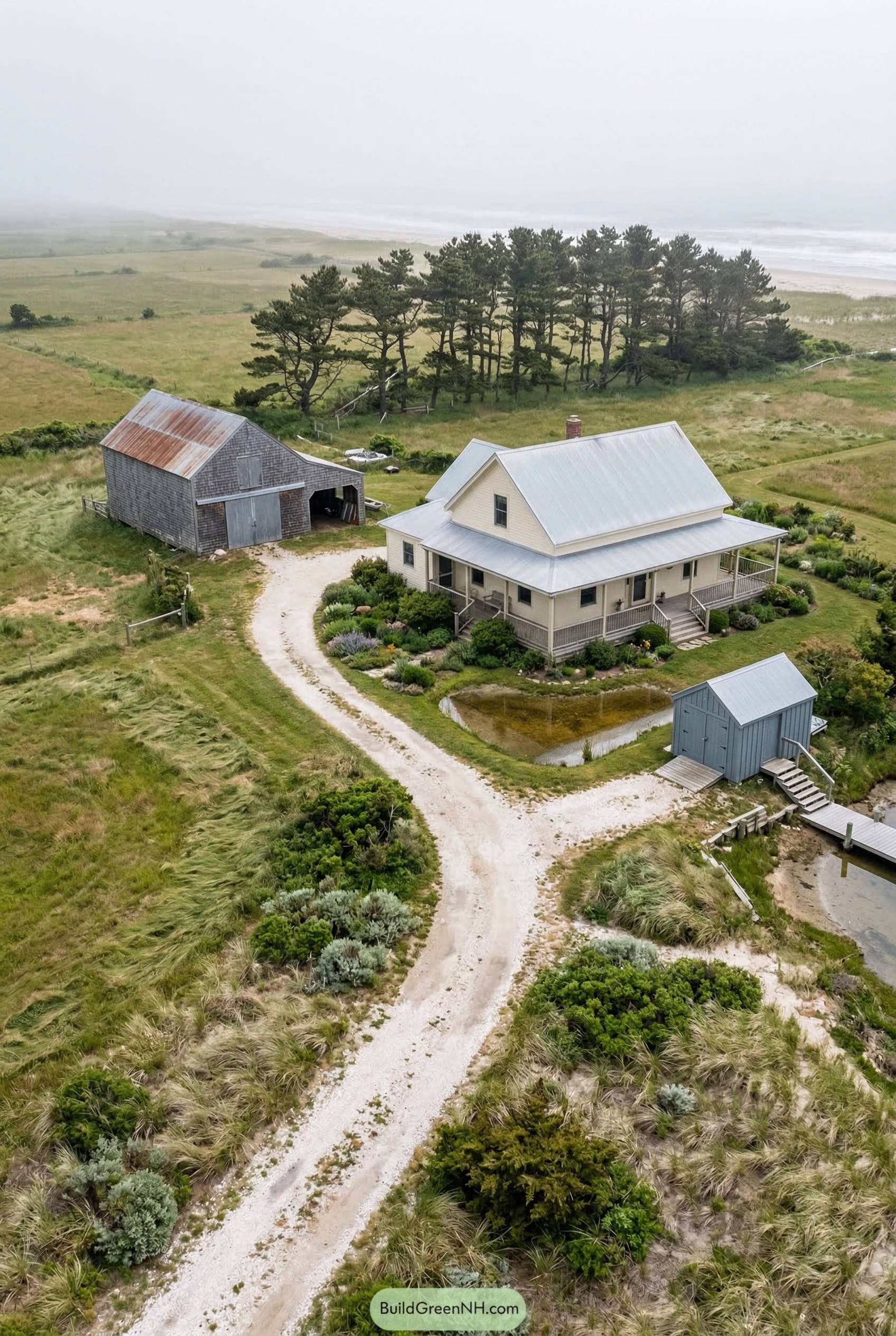 Coastal farmhouse with barn and winding drive