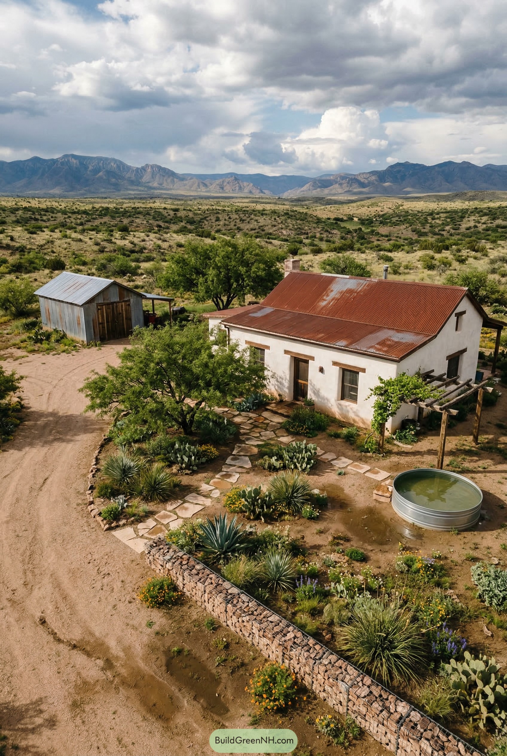 Desert farmhouse with xeriscape garden and shed