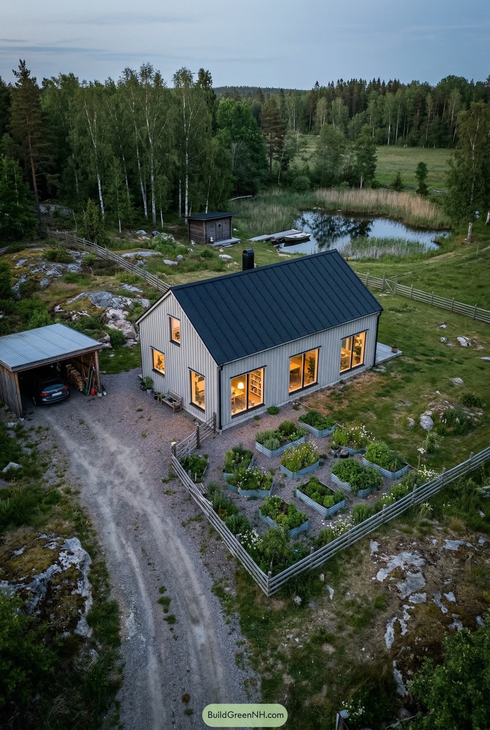Compact farmhouse with raised beds and pond
