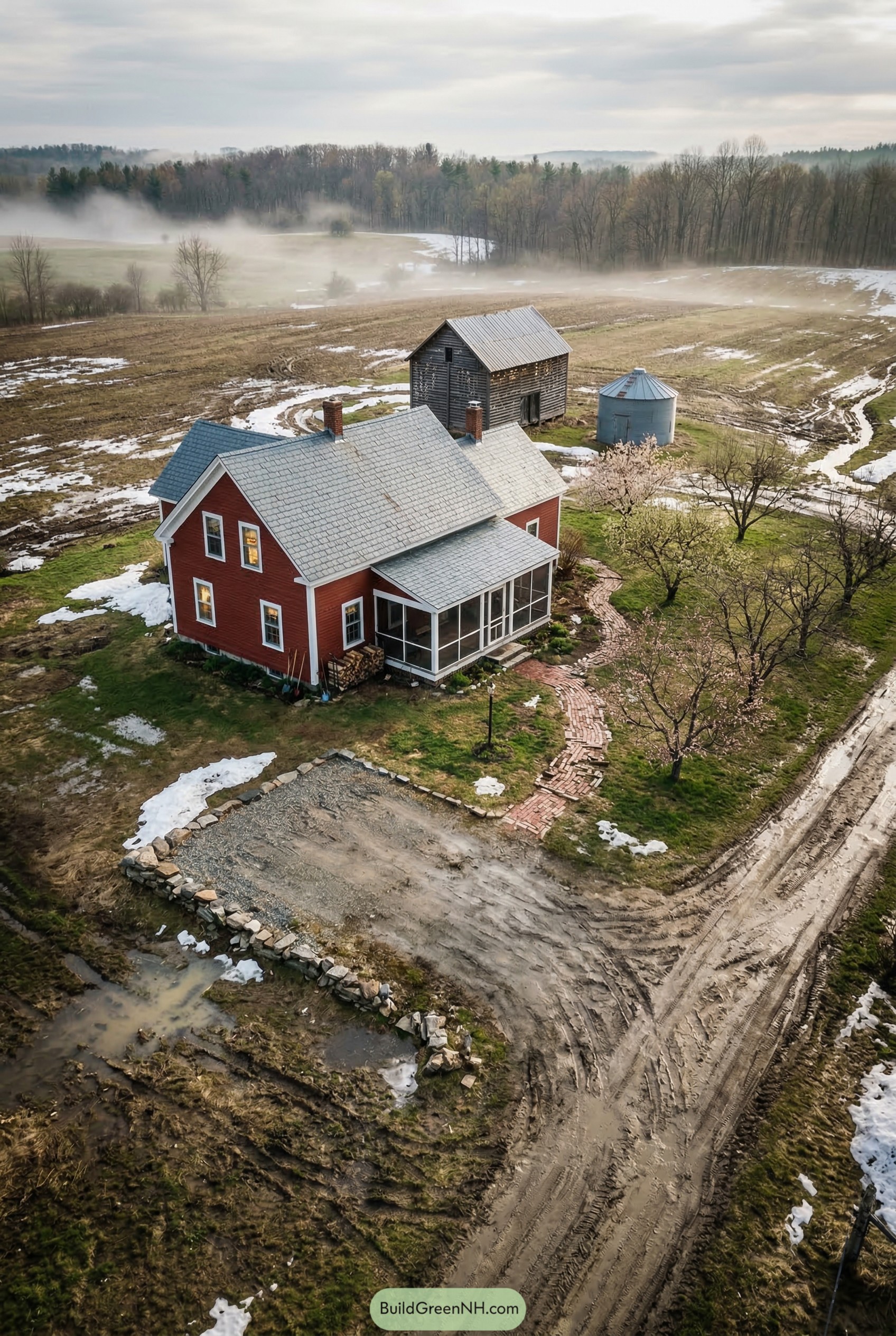 Red farmhouse with barn orchard and silo